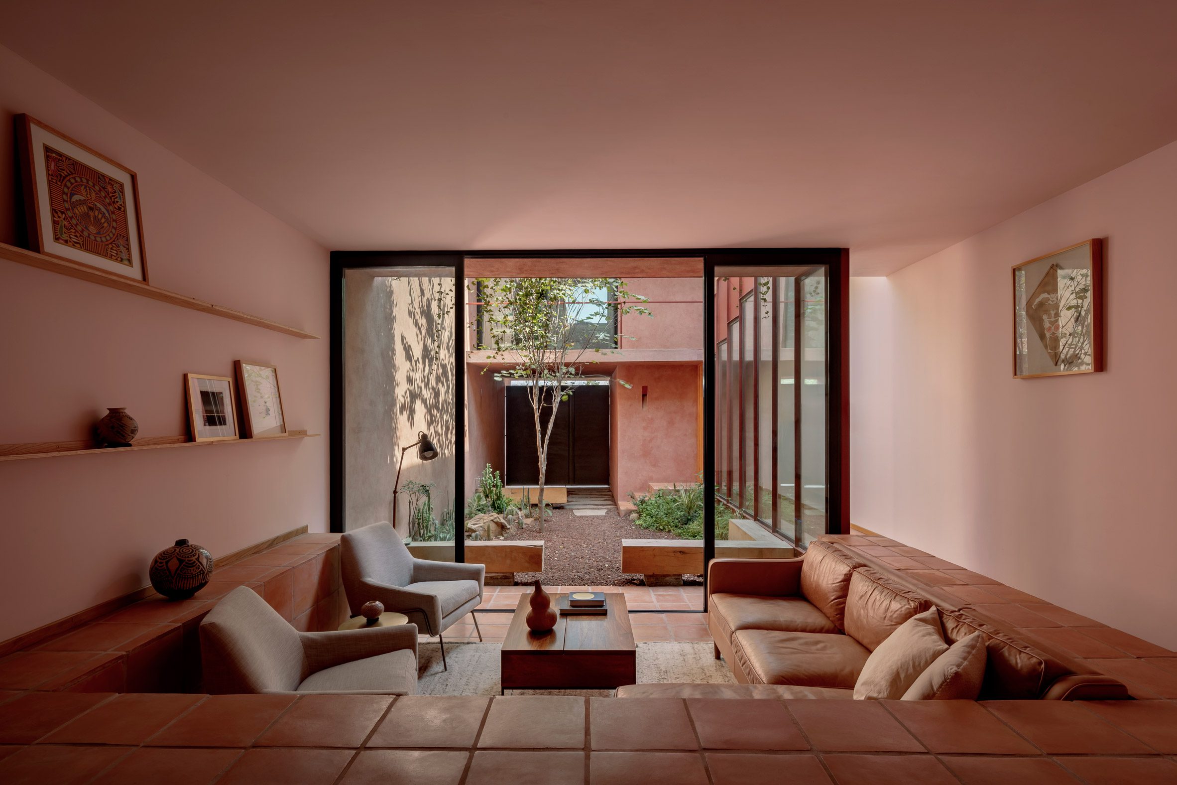 Red tiled flooring in the living room