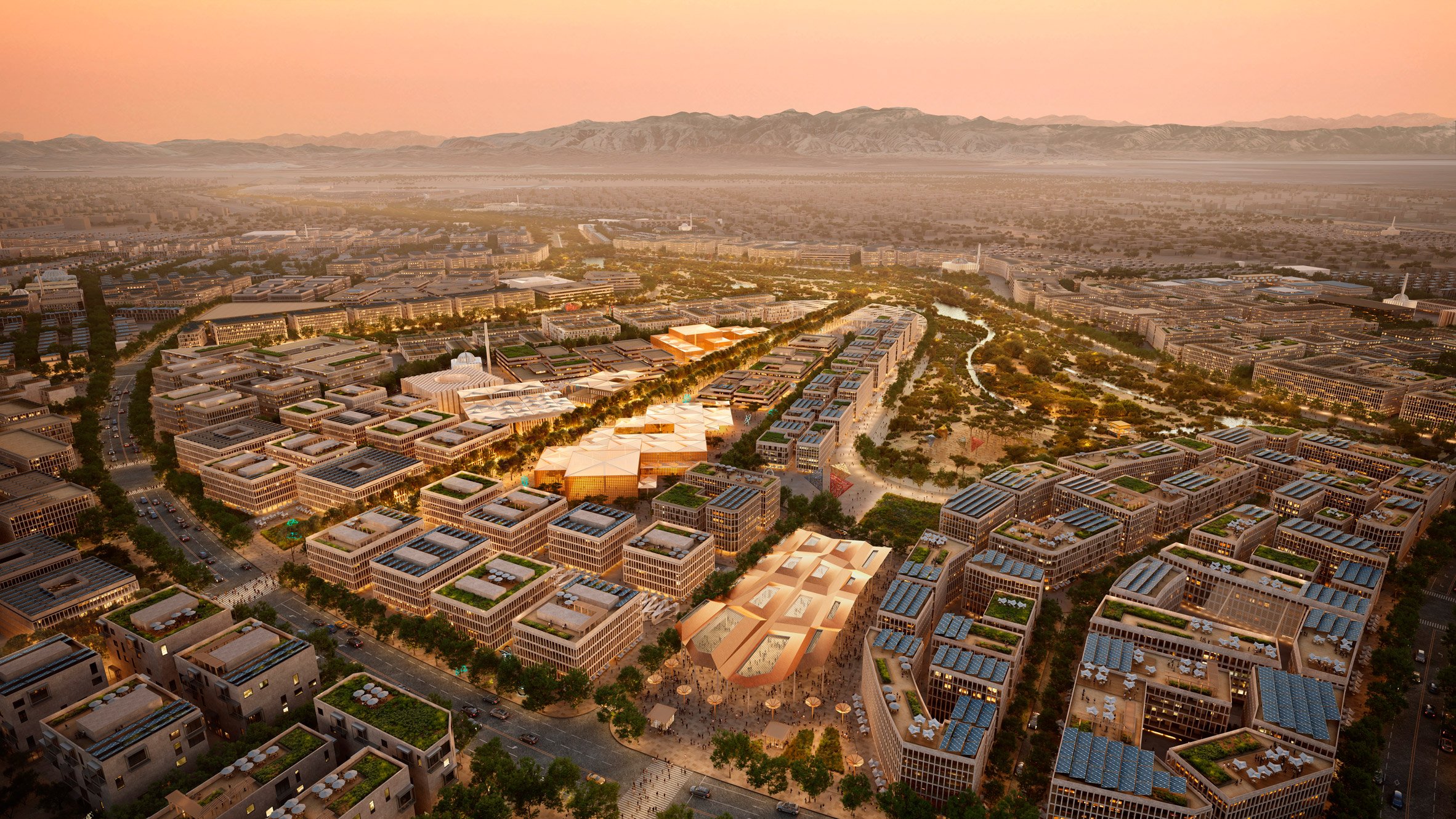 Aerial render of Sultan Haitham City in Muscat suburb