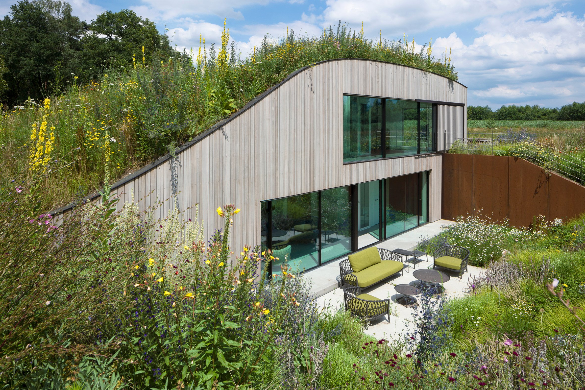 The House Under The Ground by WillemsenU with a grassy roof and sunken patio
