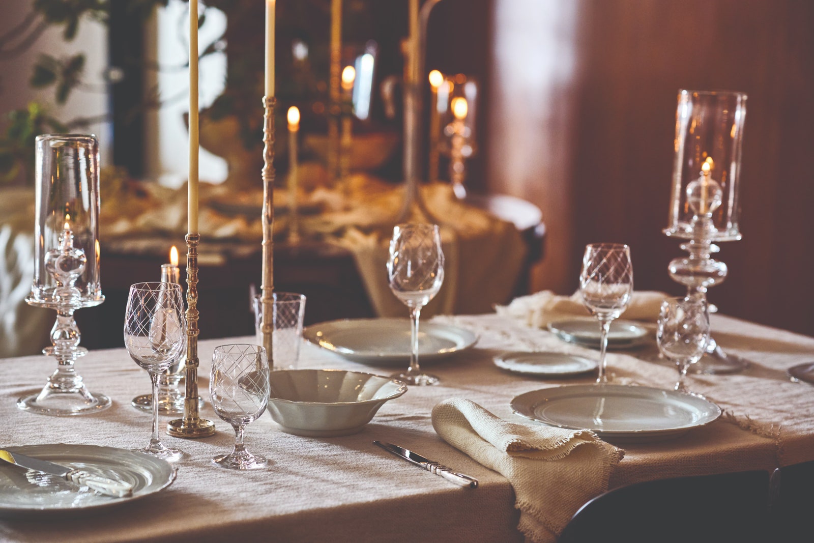 RW Guilds Lunet lanterns etched Haruya Hiroshima glassware Yasushi Kuno porcelain and naturalfiber napkins make for a...