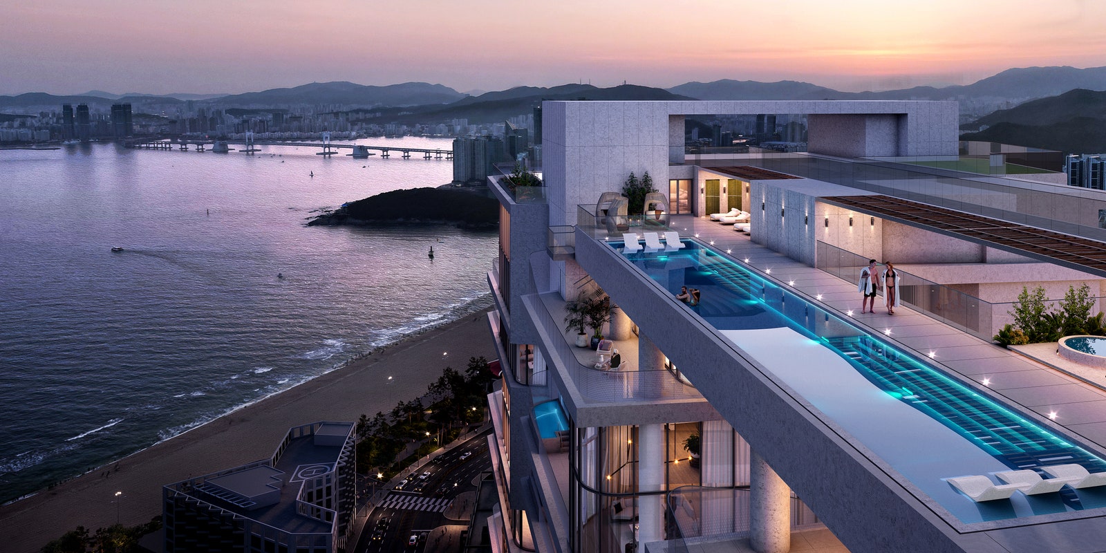 Photo rendering of a building with a floating pool connecting two towers