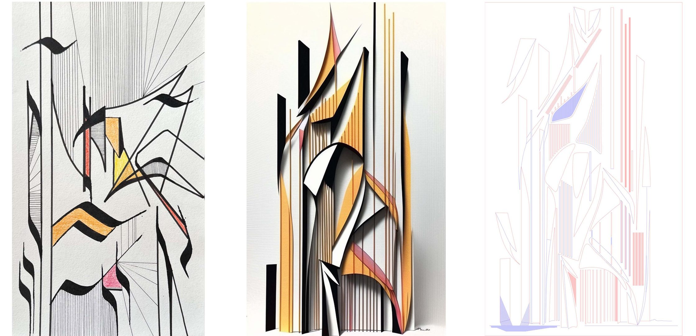 Three graphical images on a white background