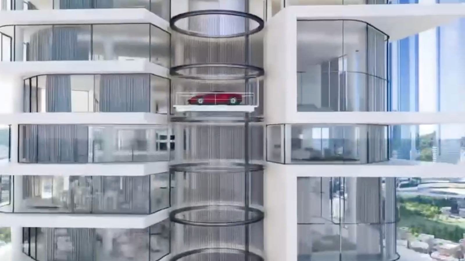 rendering of a car in a glass elevator