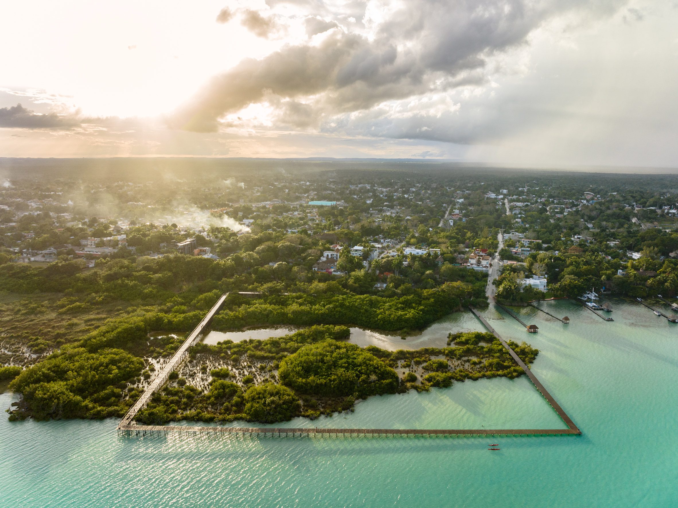 Bacalar boardwalk with town in the background