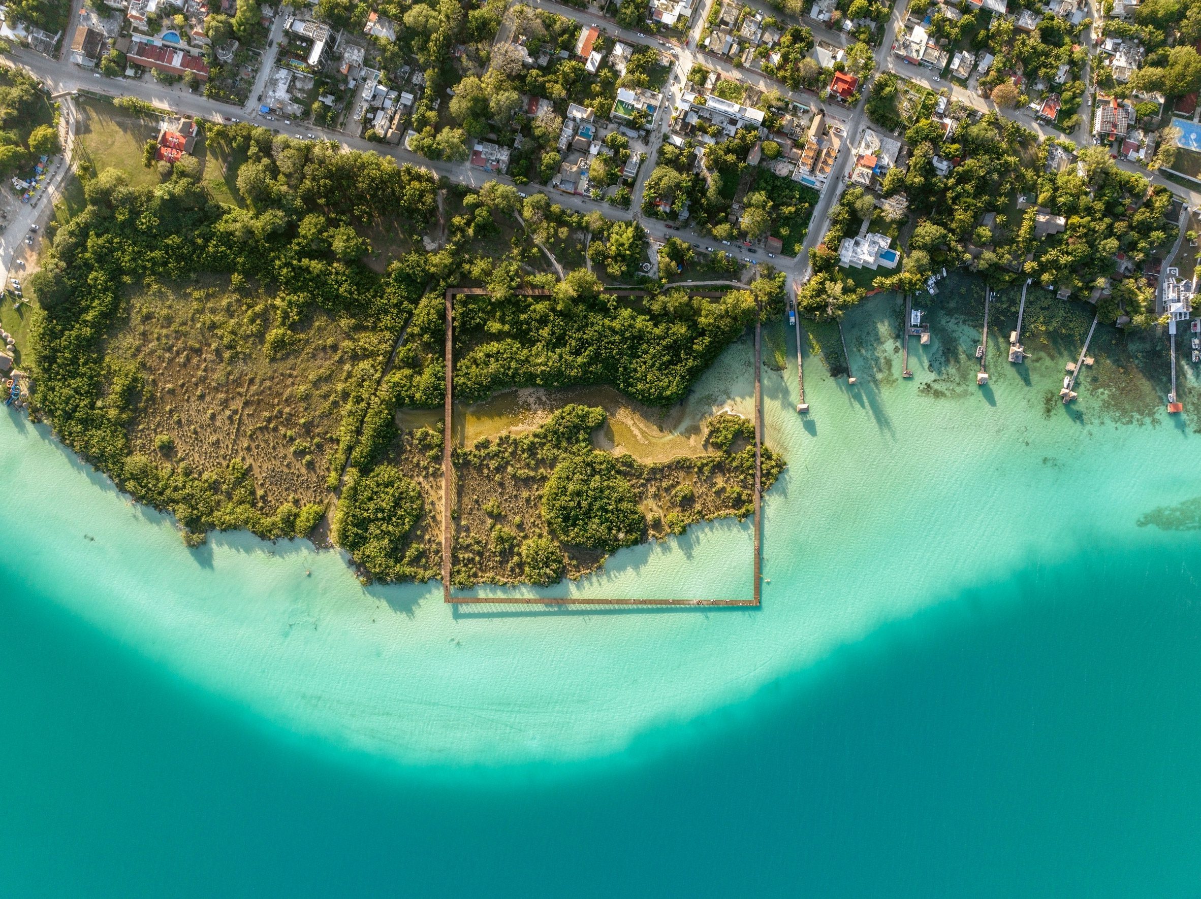 Aerial view of boardwalk over Mexican lagoon