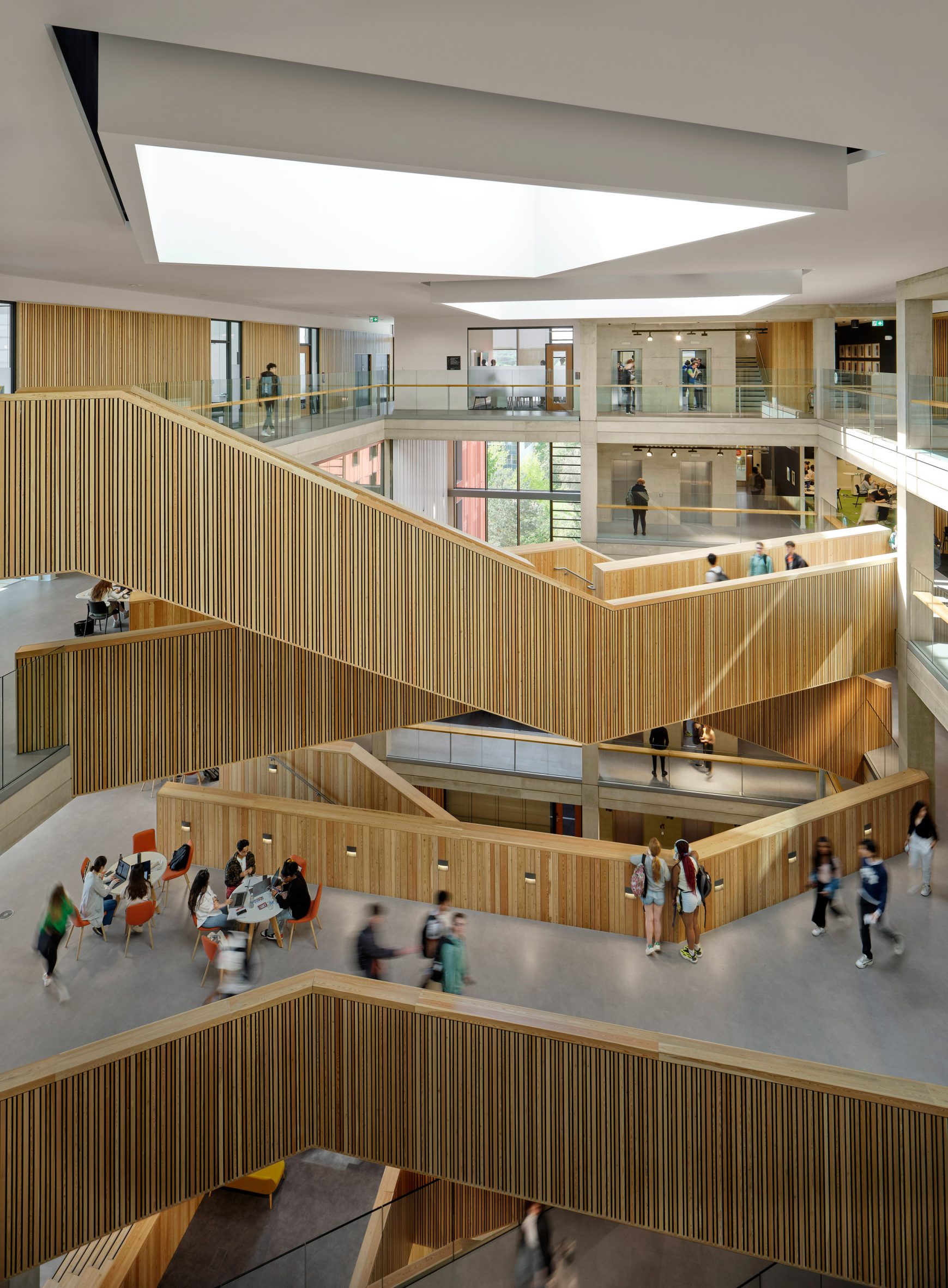 Criss-crossing staircases in the atrium at the Faculty of Arts University of Warwick