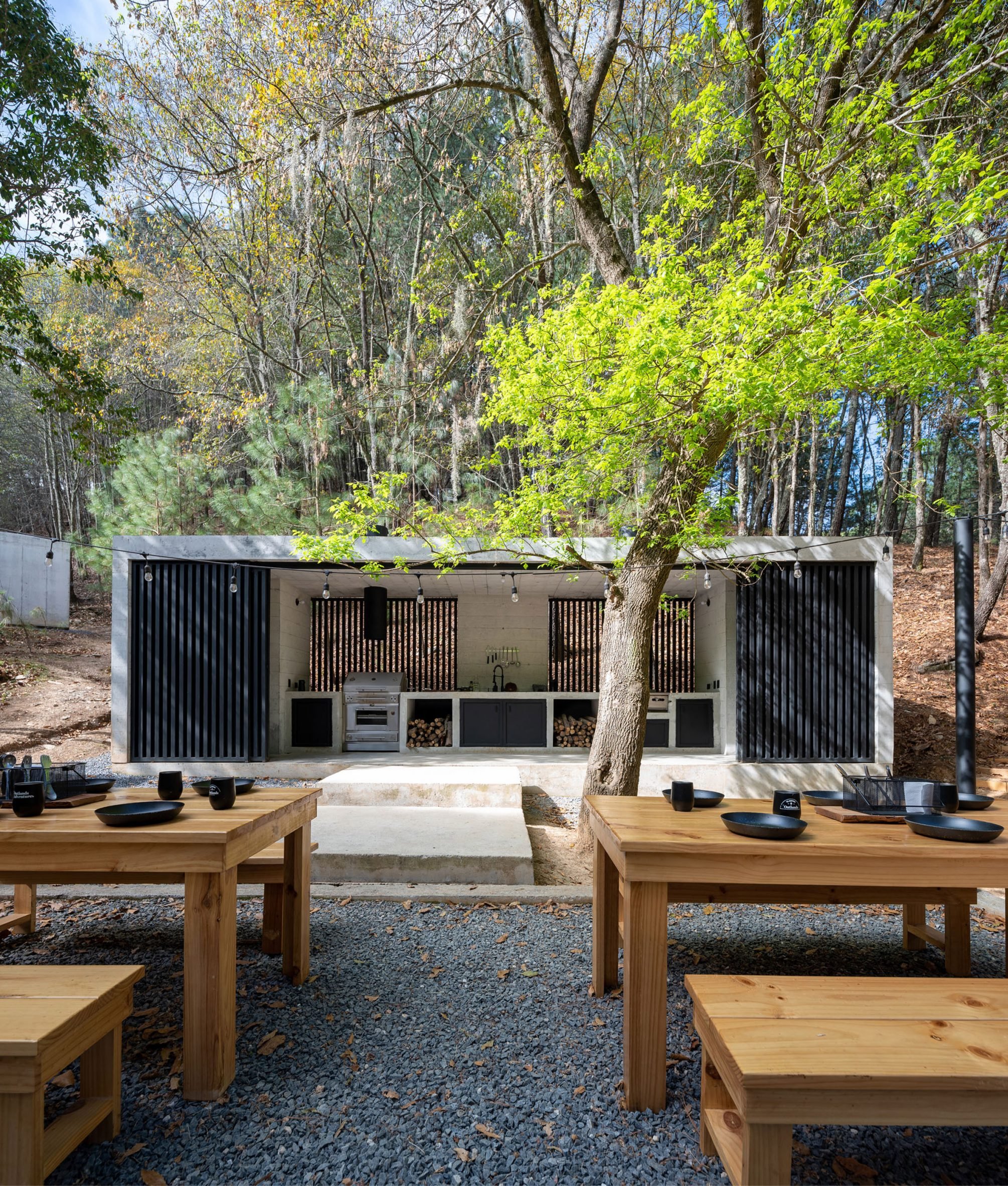 Rectilinear structure at glamping site by S-AR