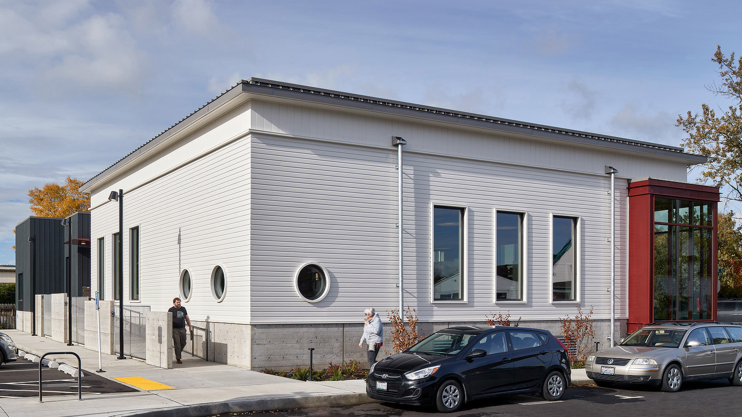 A library with port hole windows