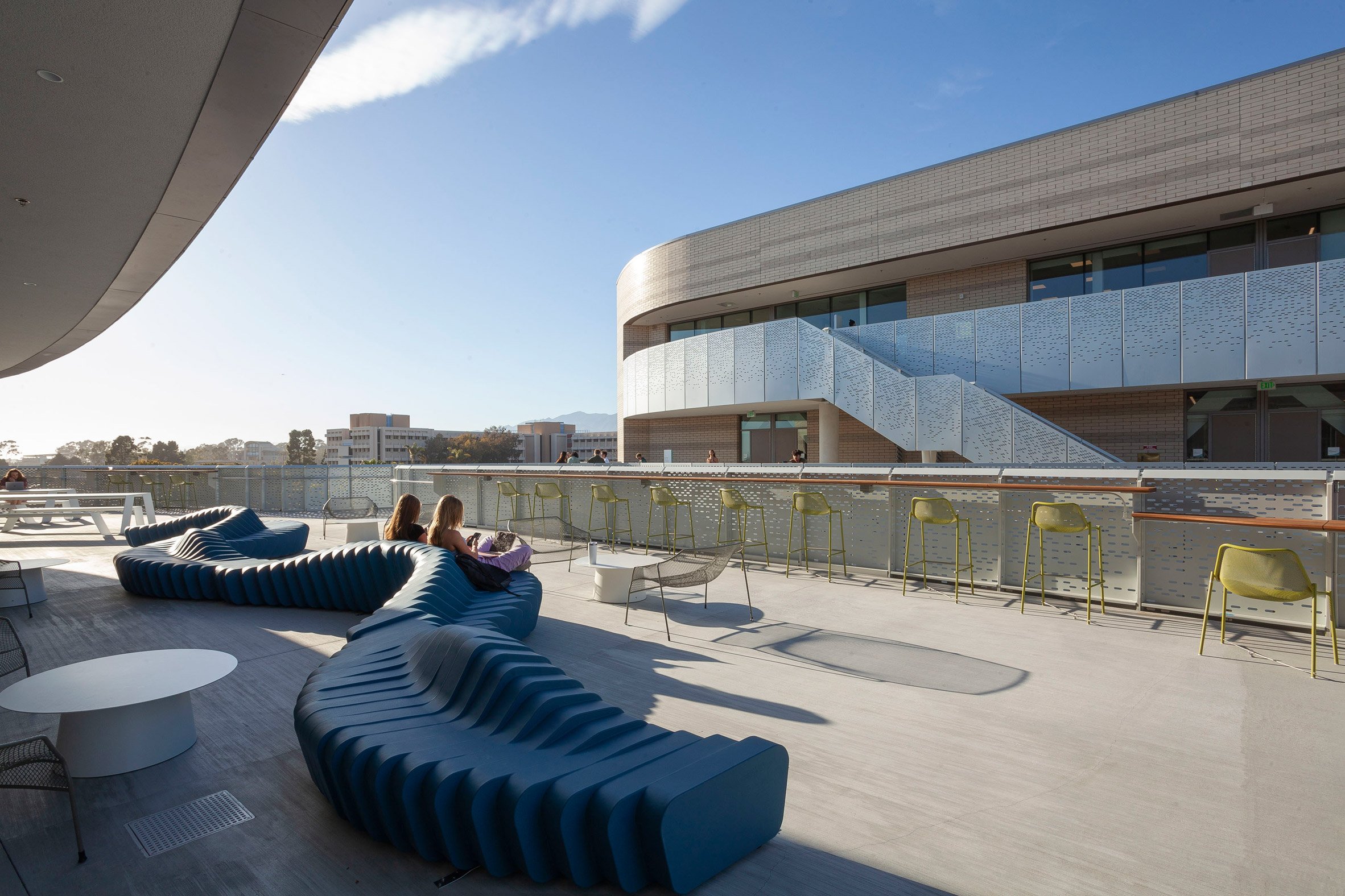 People on bench on terrace
