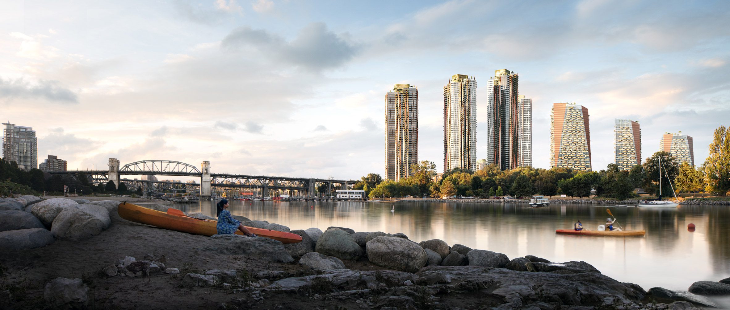Senakw indigenous city vancouver with kayak in the foreground