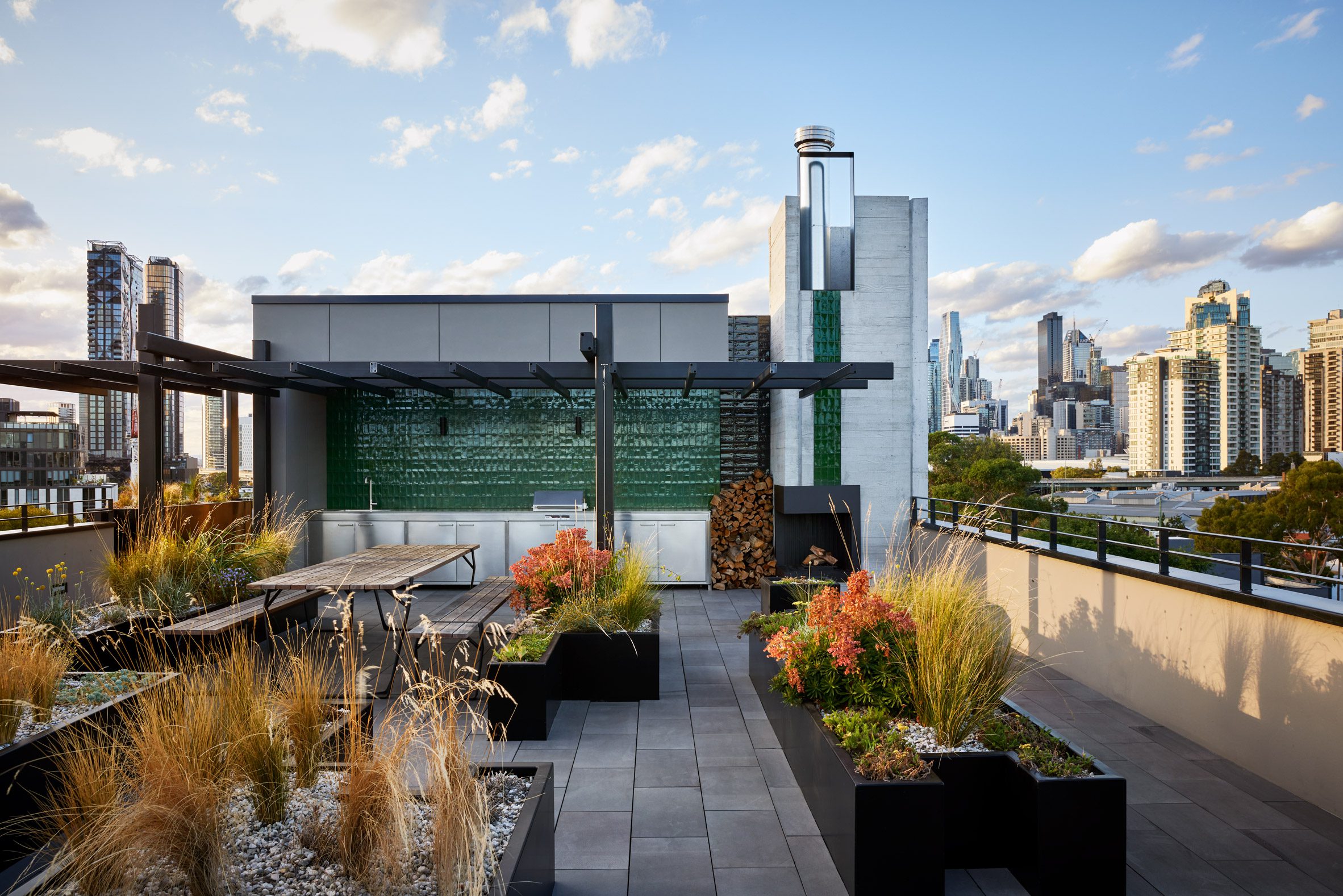 Rooftop seating area at the Ferrars & York apartment building