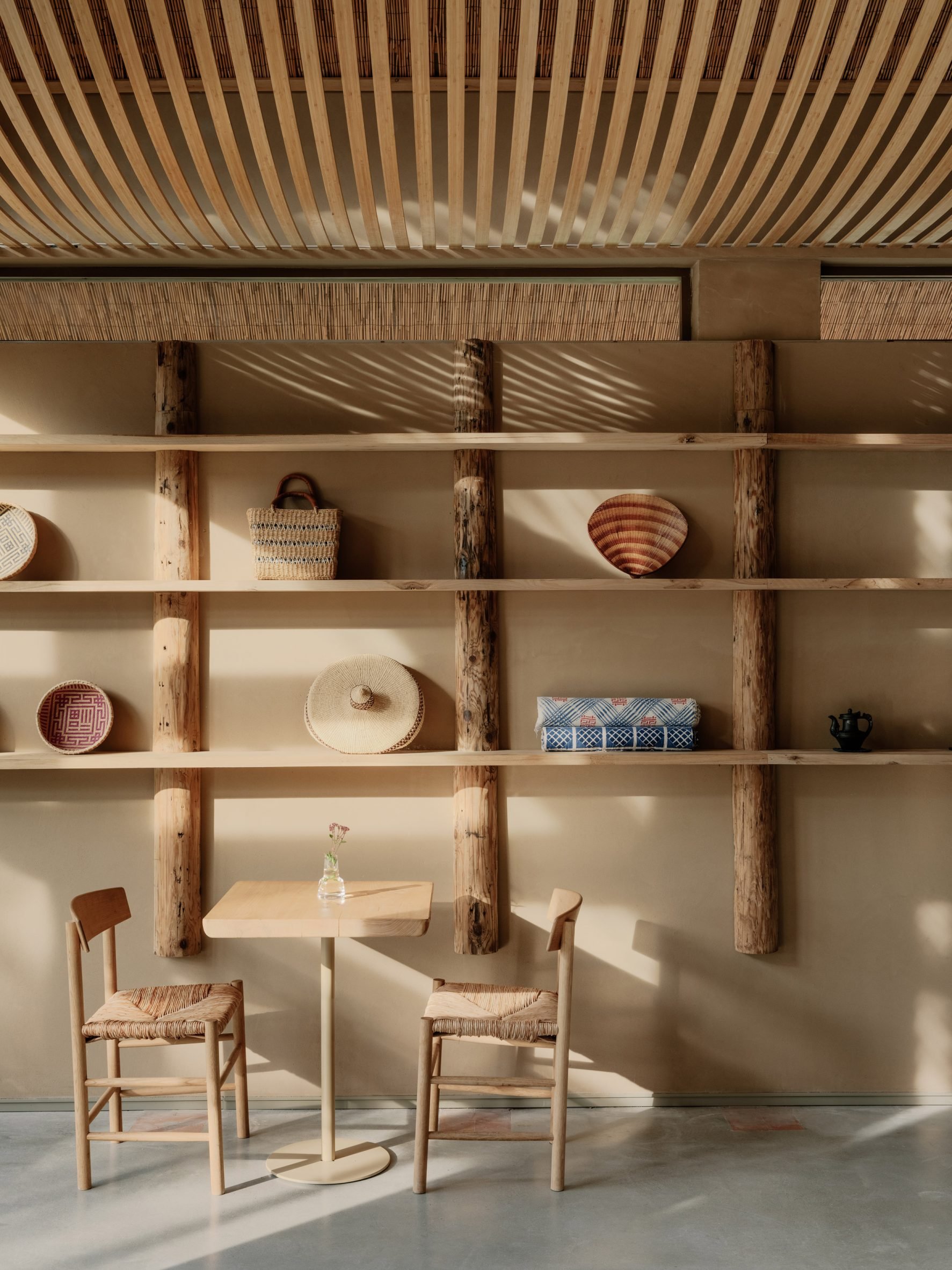 A variety of local products displayed on wooden shelves