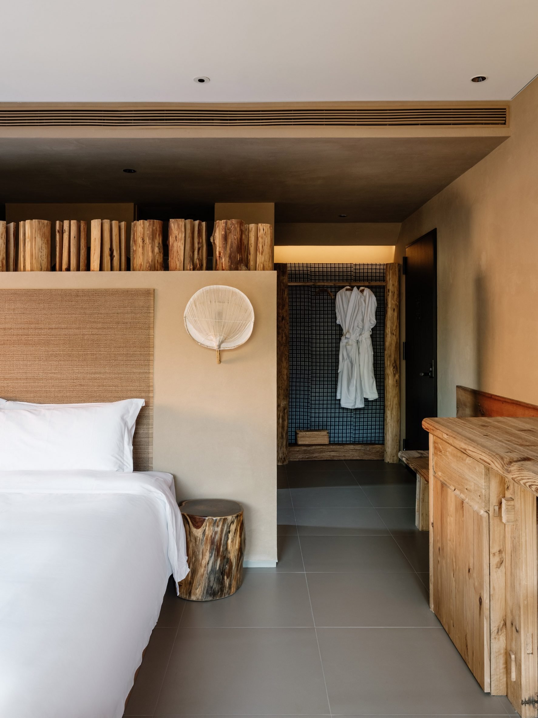 View from guest room into a tiled bathroom