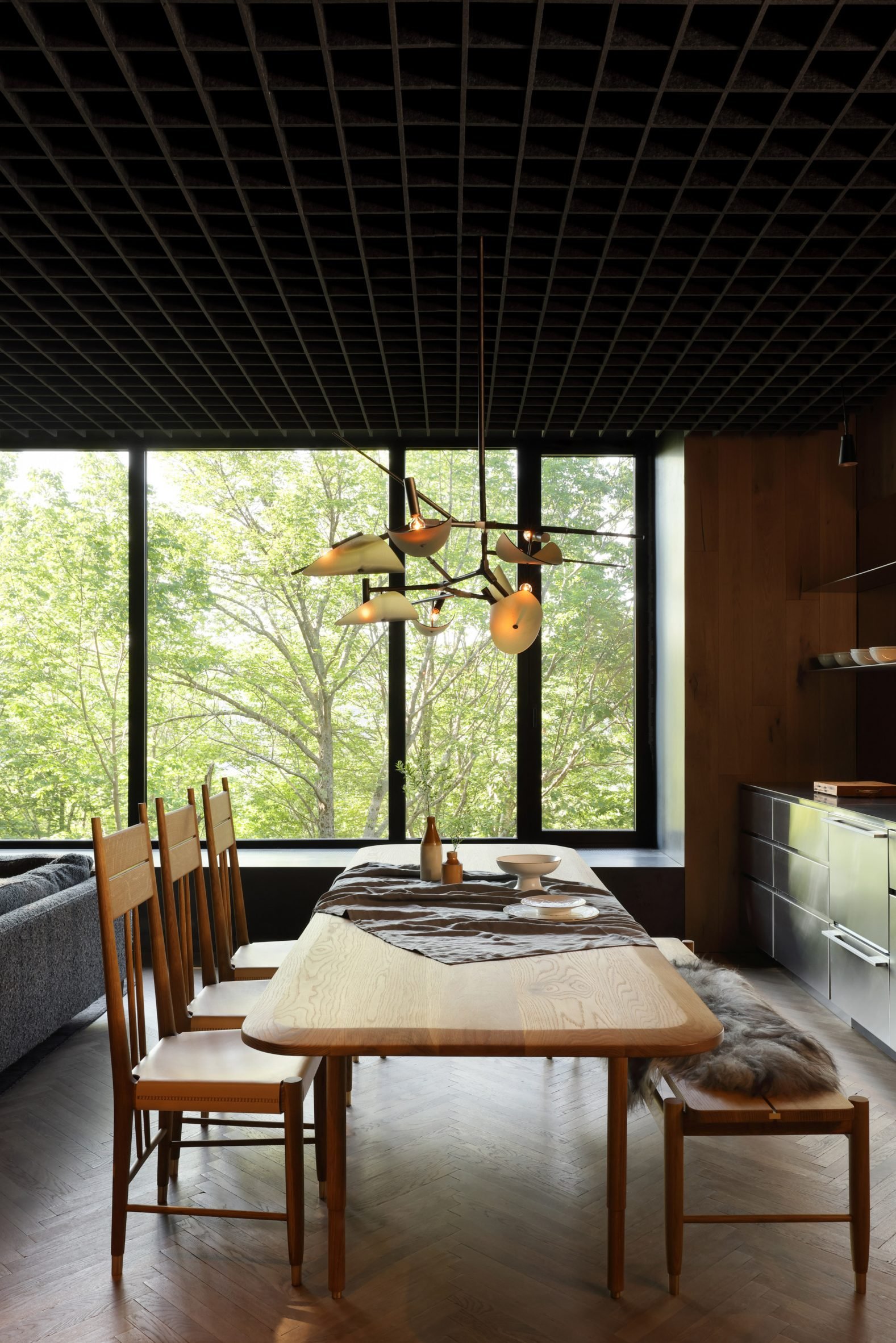 Table with forest overlook in cabin