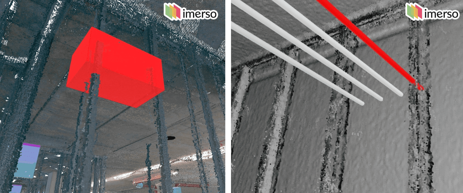 Left-side, shows metal studs for fire partition walls installed in the same place where technical installations were planned to go through the wall across the red opening model. Right side, the planned position of the red pipe is colliding with the onsite installation of a metal framing stud for a fire-rated wall.