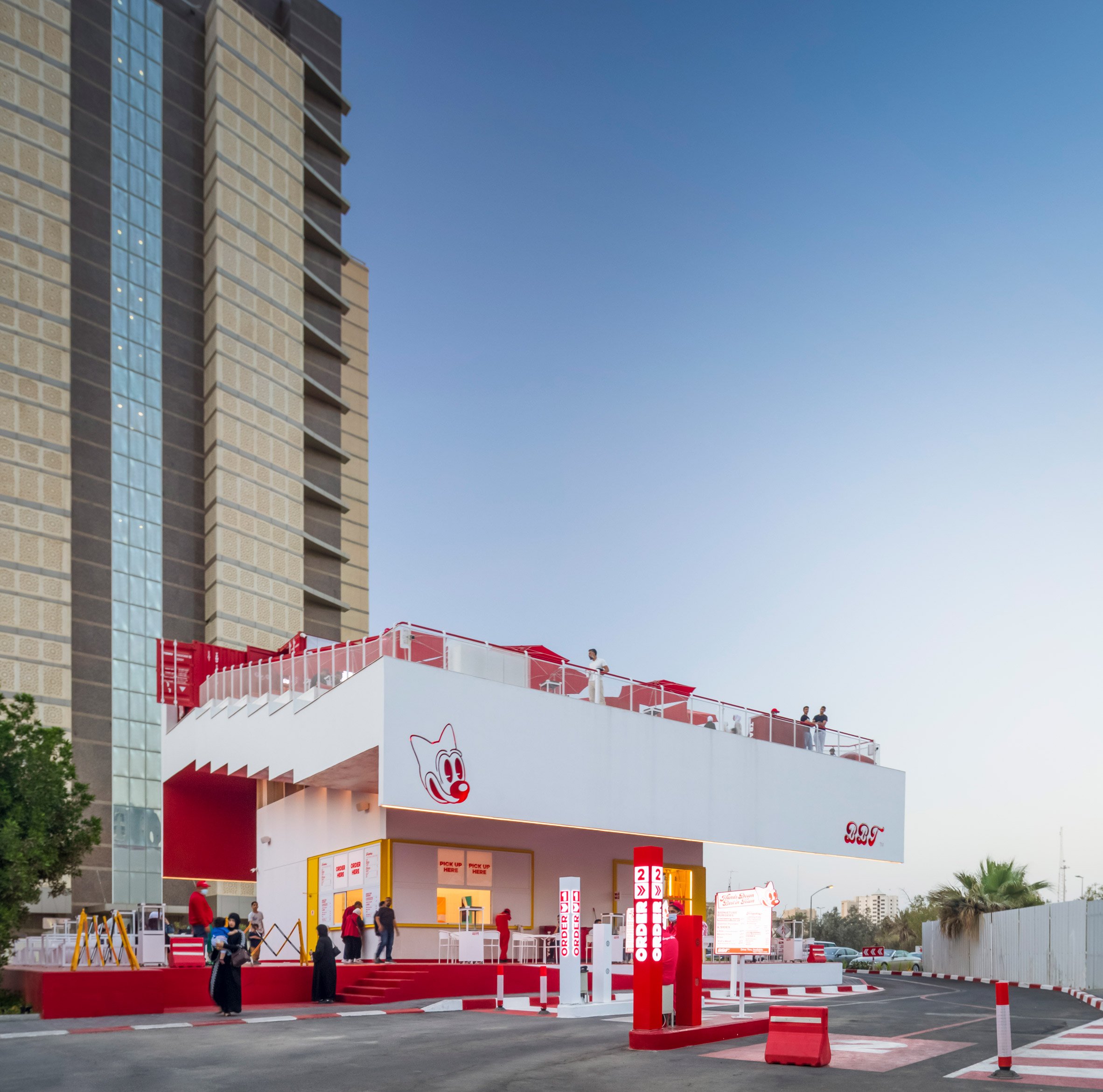 Drive-through restaurant with stepped roof