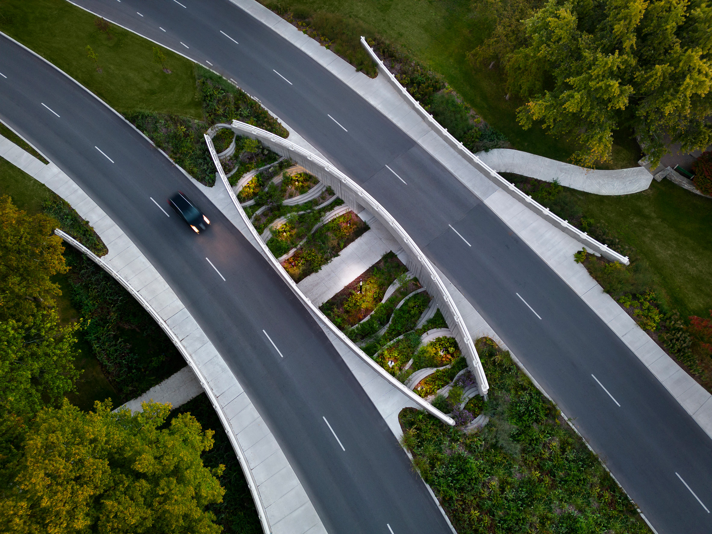 Aerial view of bridge with garden in the middle