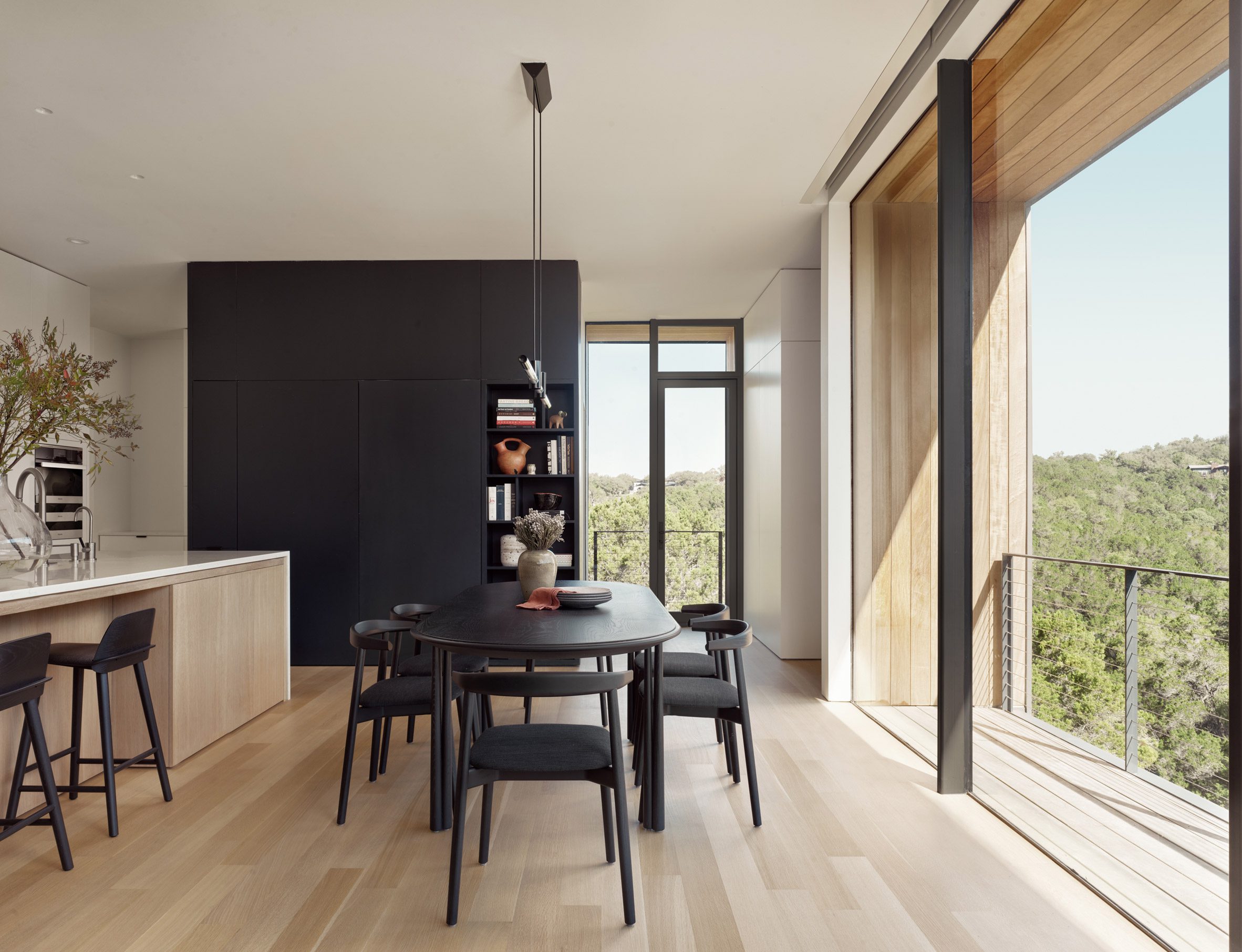 living room with forest view