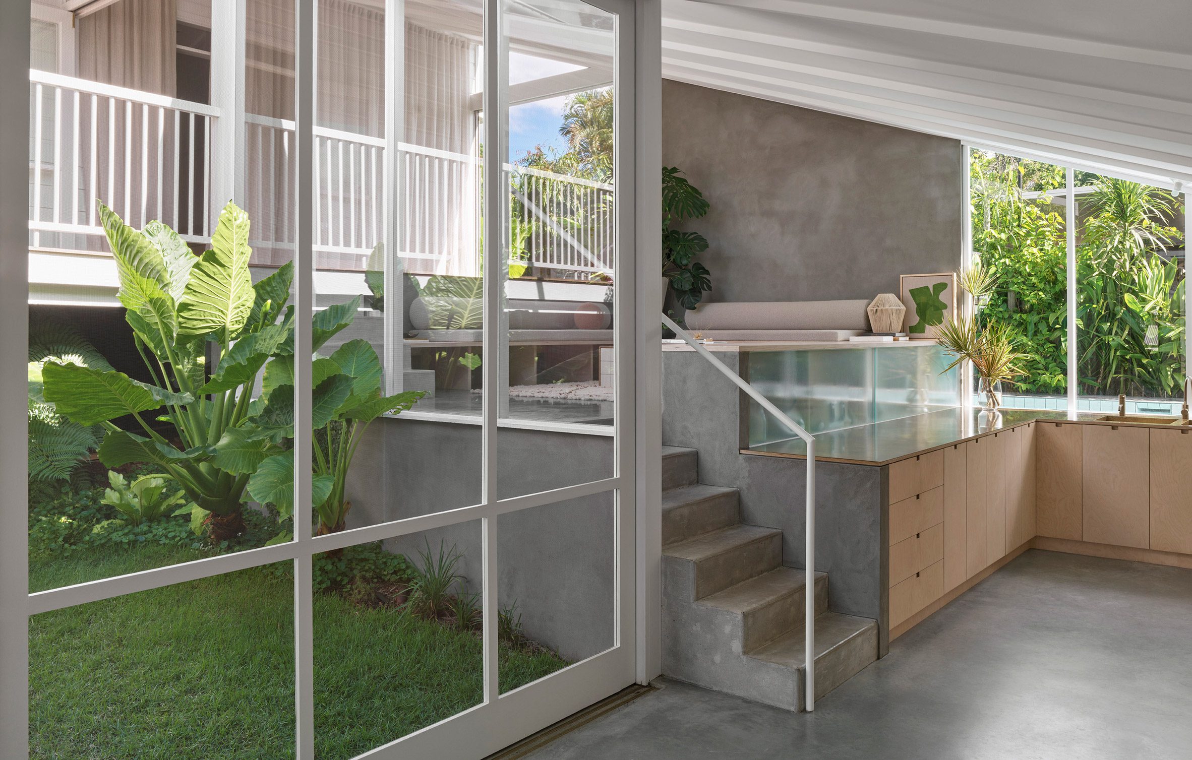 Interior of Cascade House arranged around courtyards