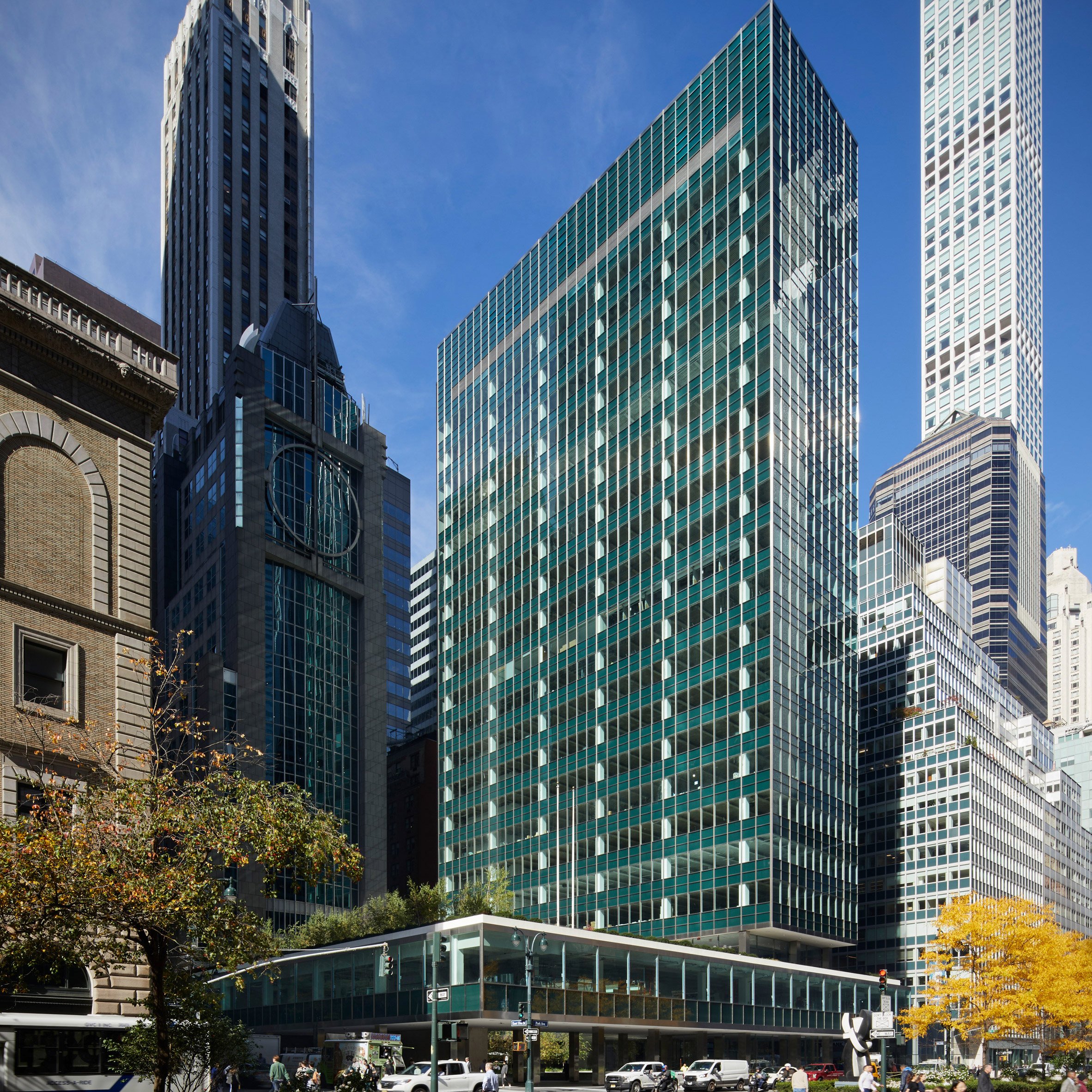 A building with a green glass facade