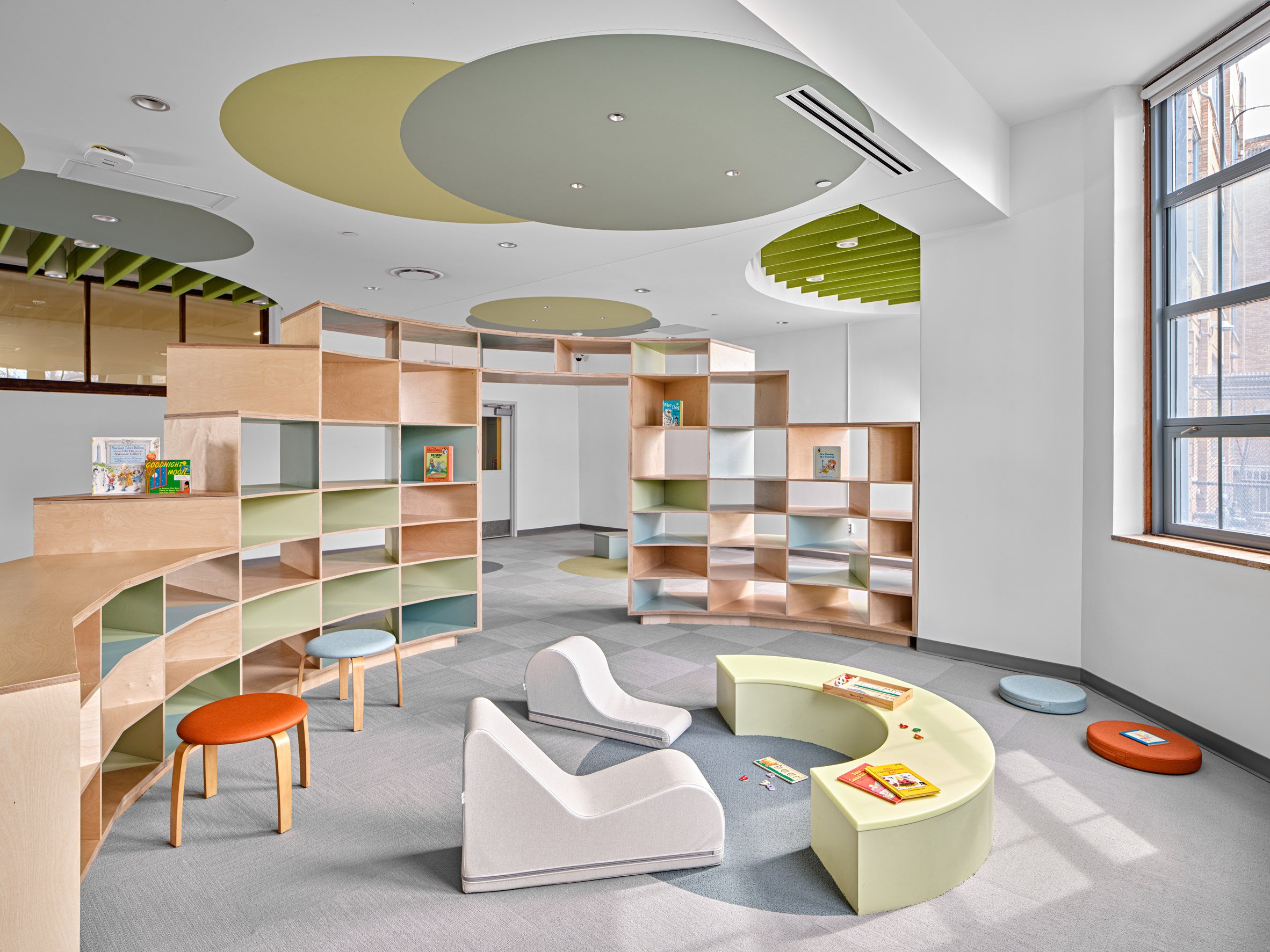 Colourblocked elementary school rooms