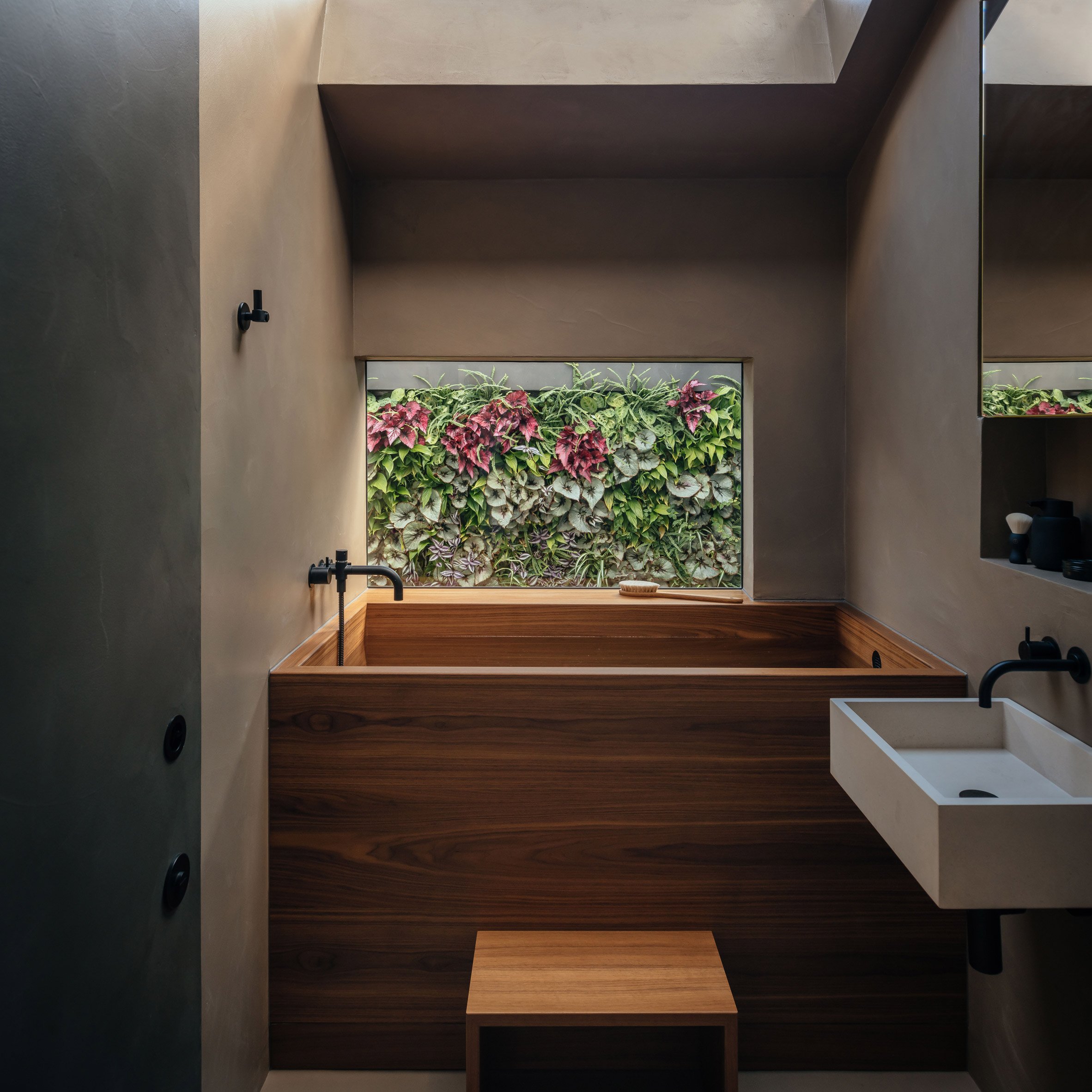 Bathroom with wooden tub