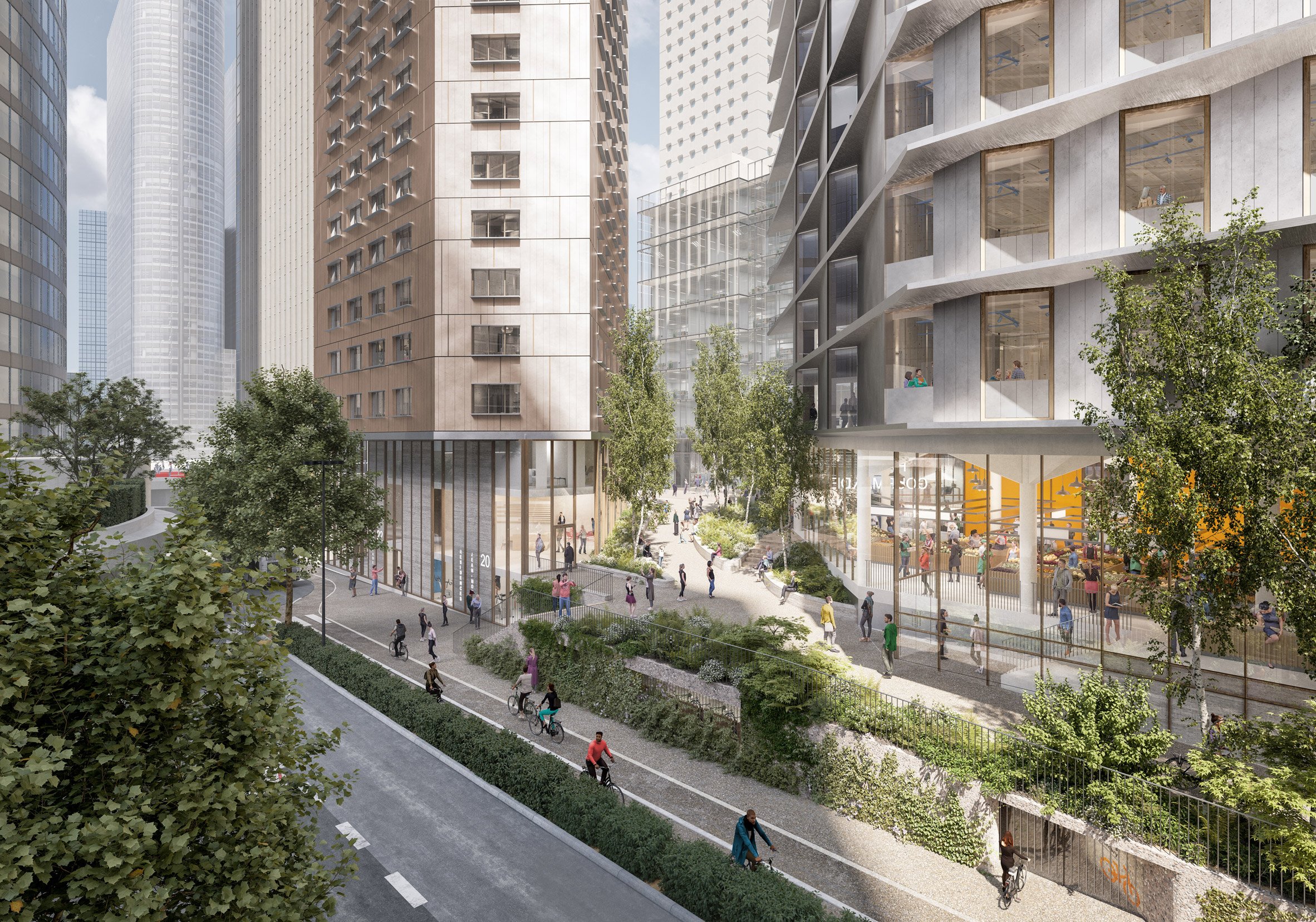 Promenade and two buildings in the mixed use development in Paris business district by RSHP