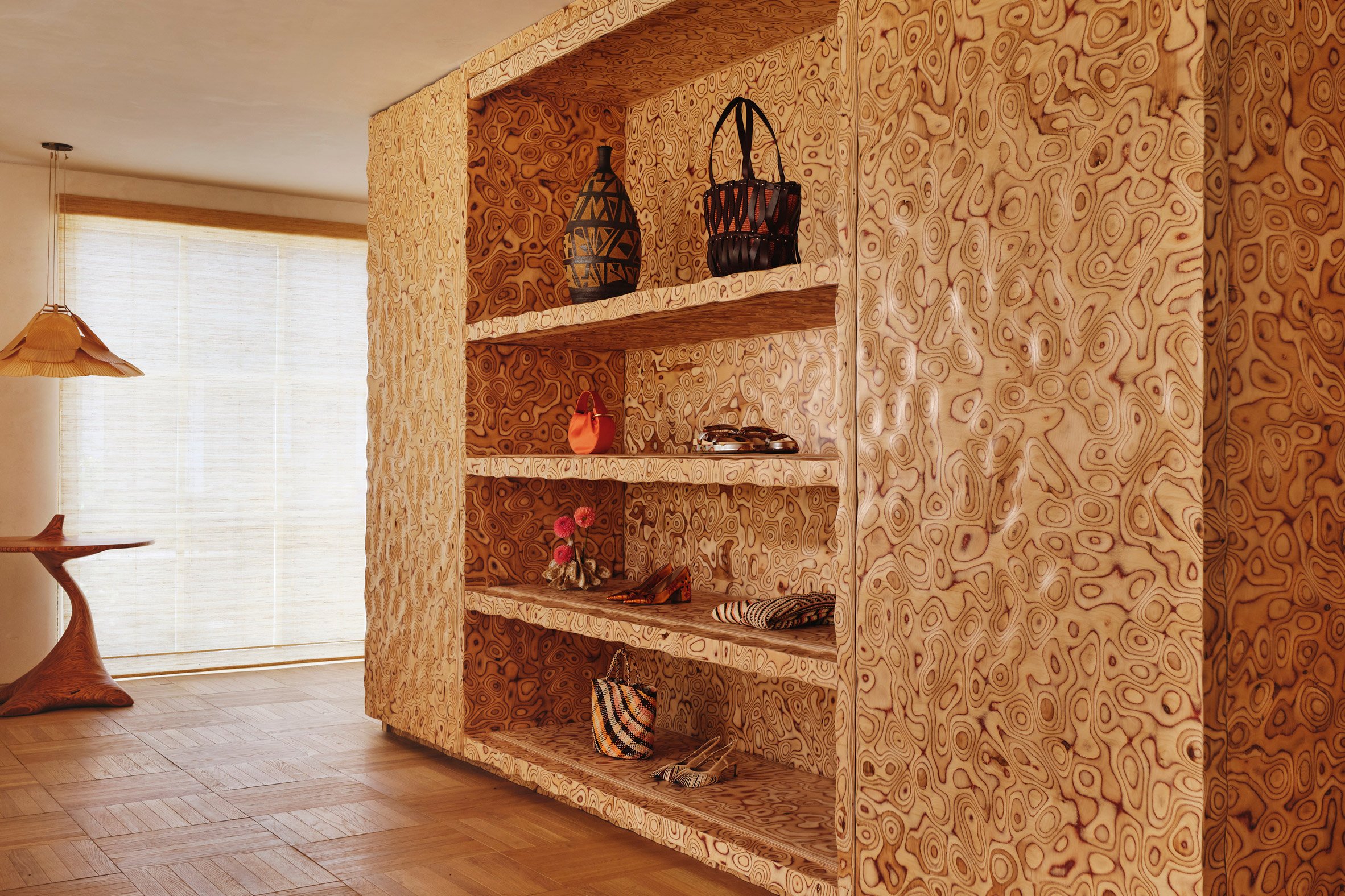 Wavy burl wood cabinet at the LA Ulla Johnson store
