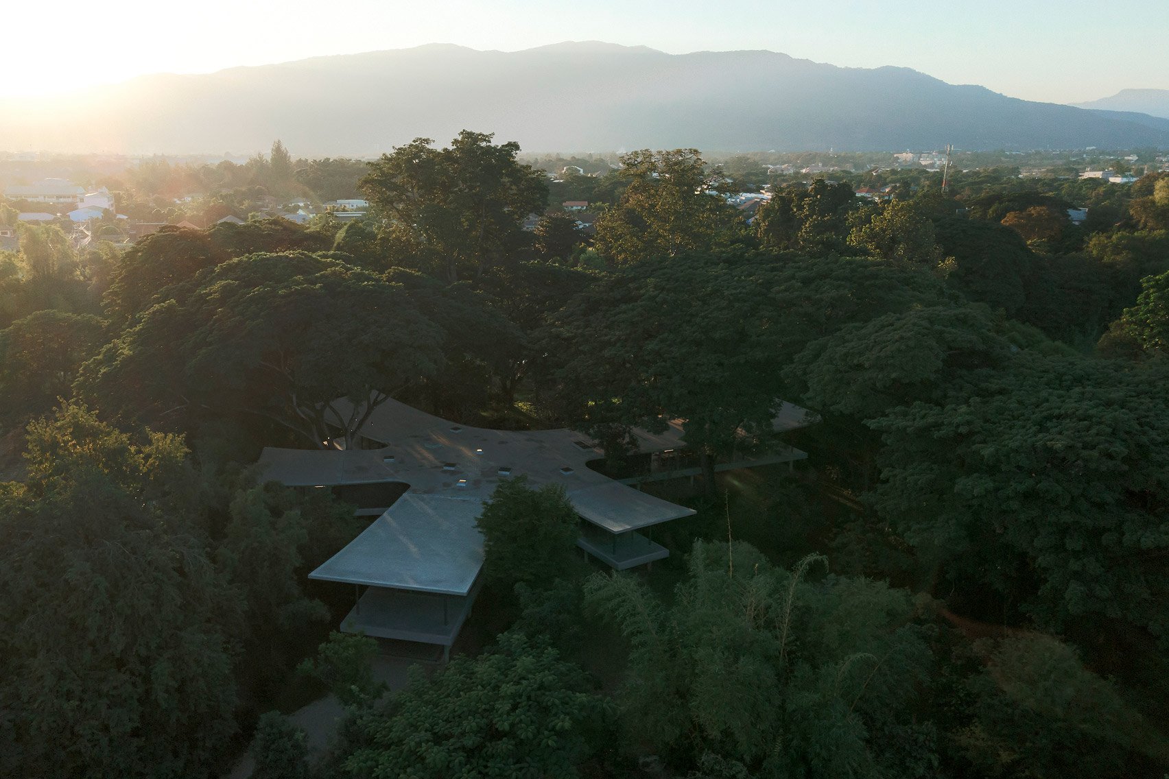 Aerial view of apartment block in rural Thailand