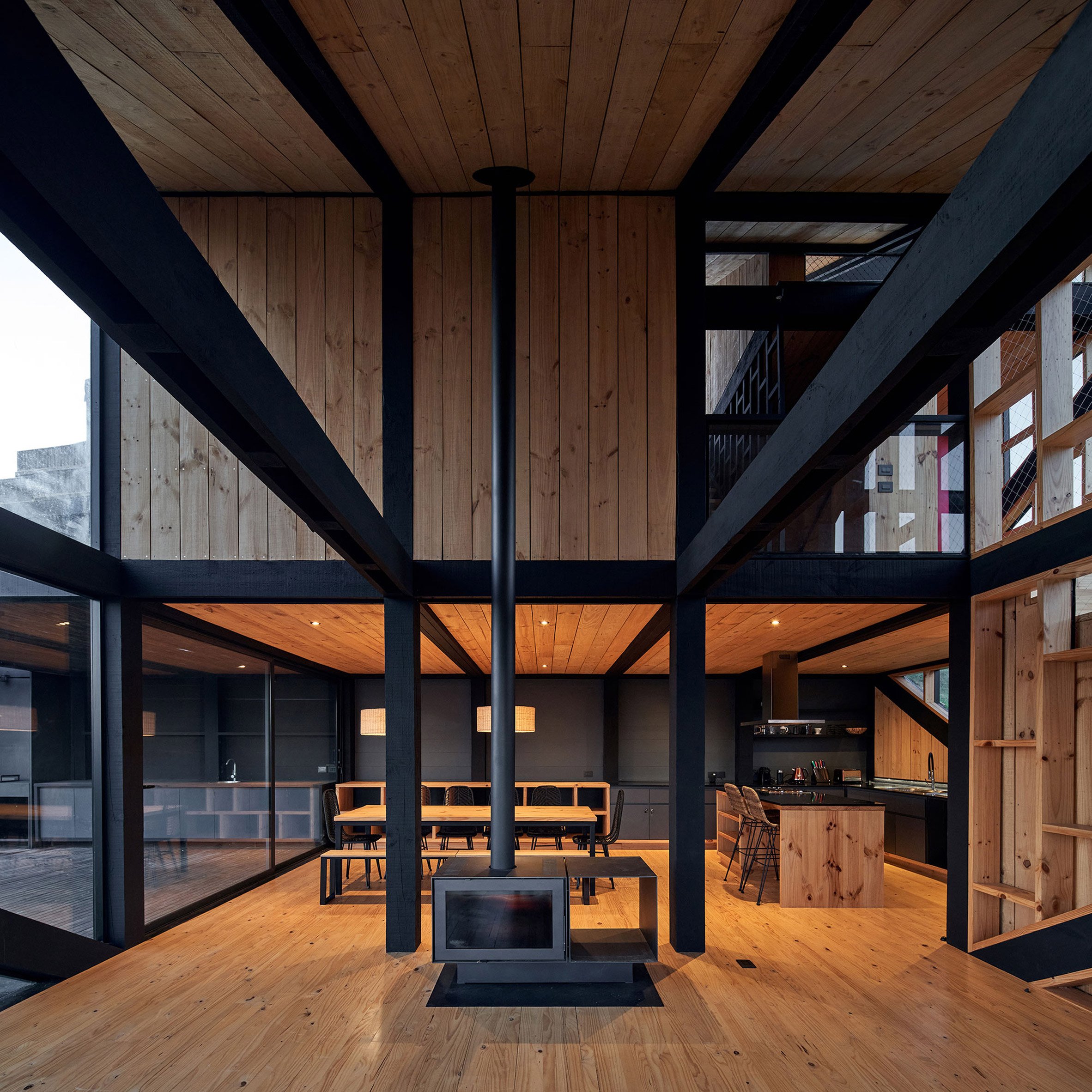 Living space with pillars and wooden beams