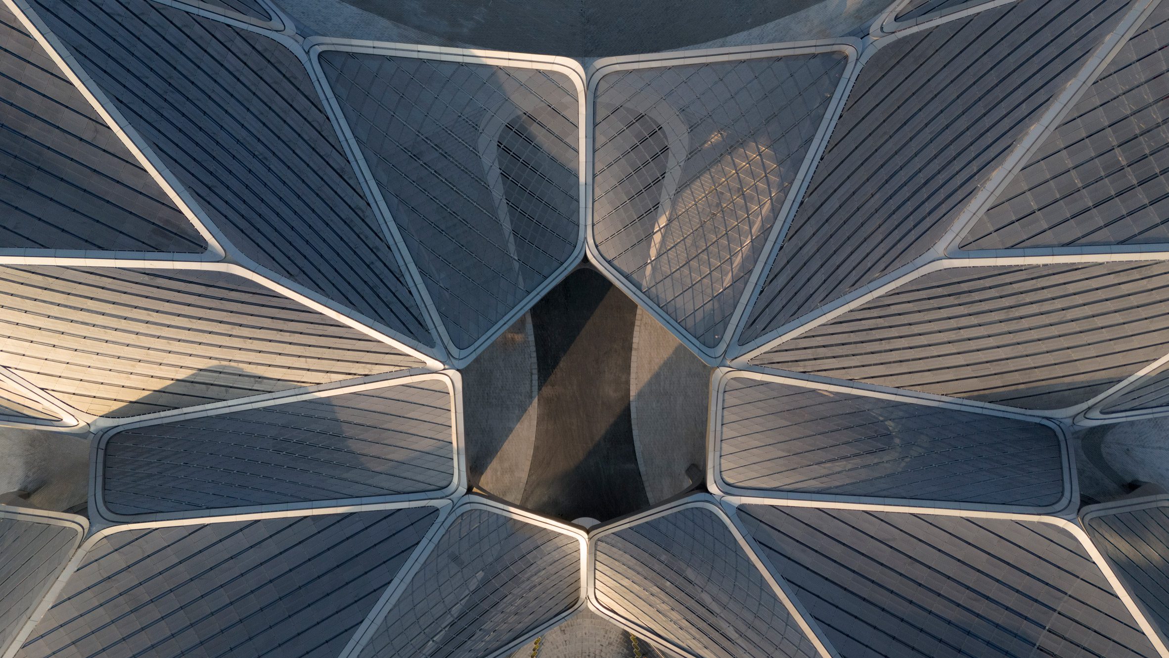 Roofscape formed of angular steel canopies