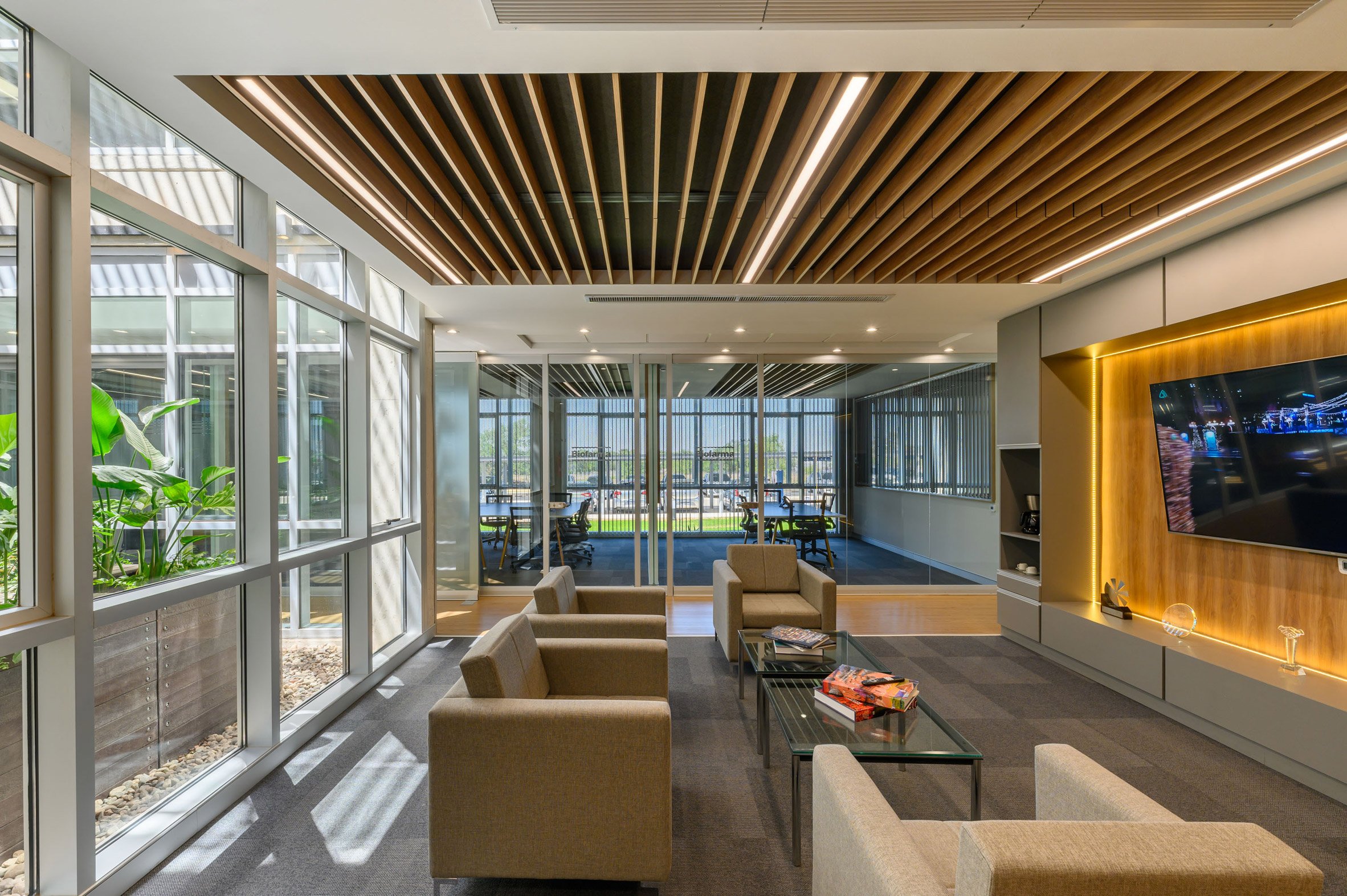 Couches and chairs in the lobby of an animal feed building
