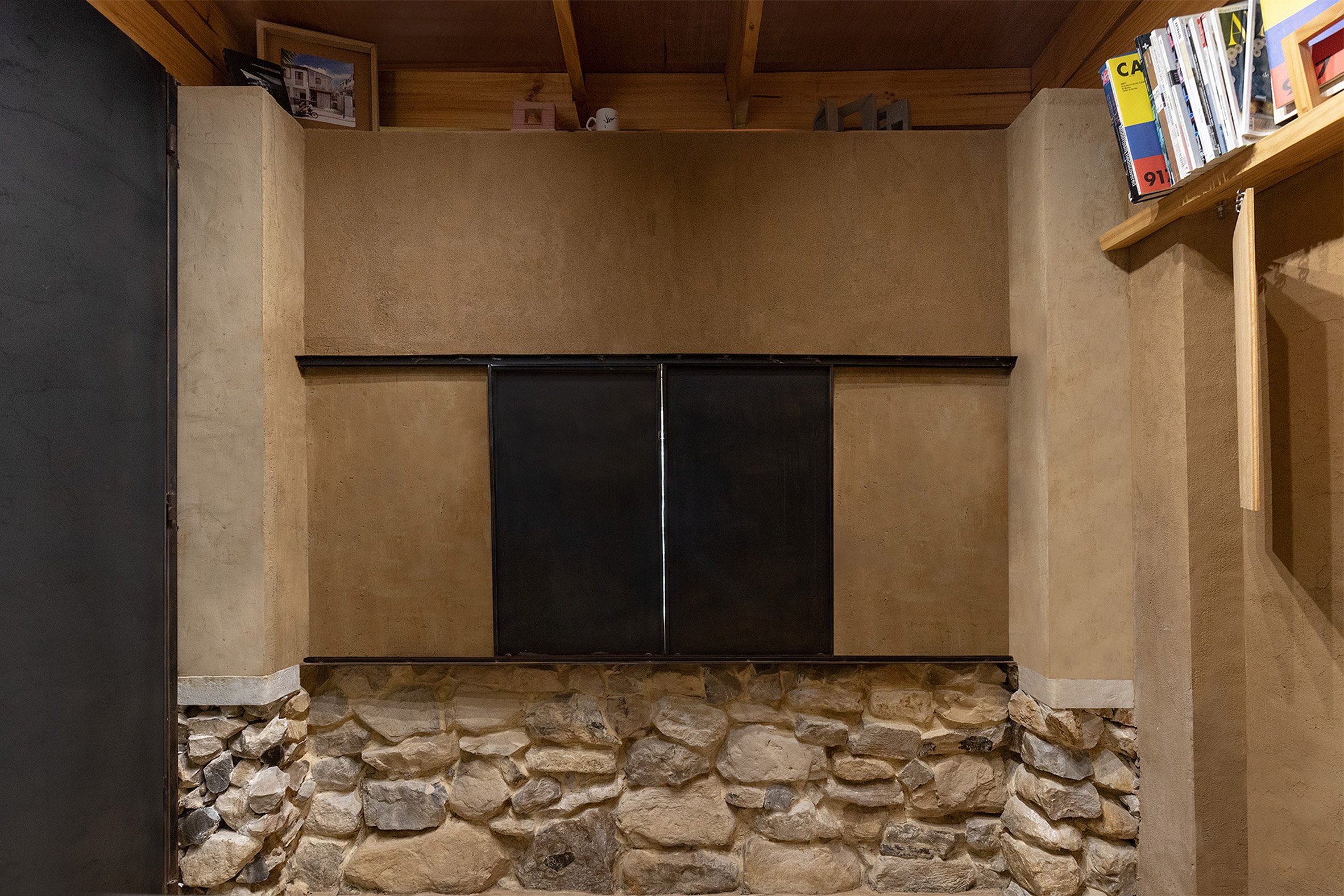 Window with sliding metal shutters