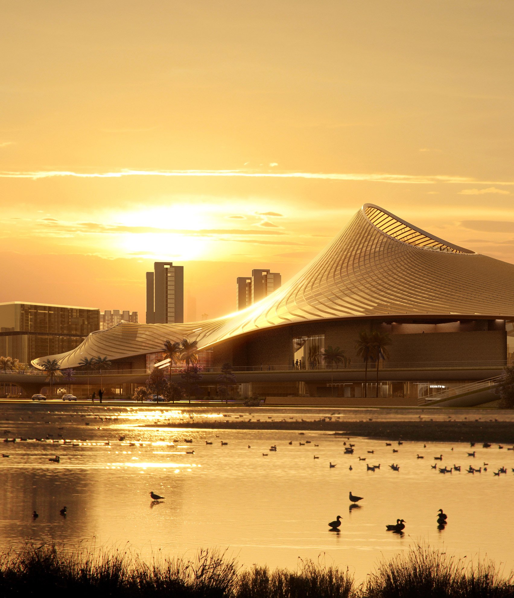 Render of sweeping roofscape of cultural venue by MAD