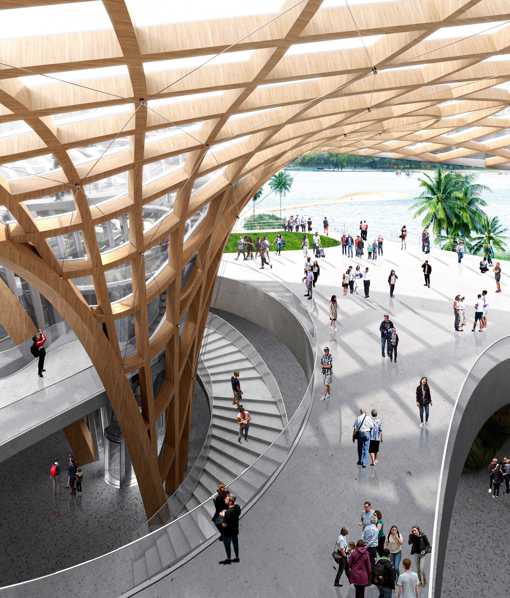 Atrium with tree-like timber columns
