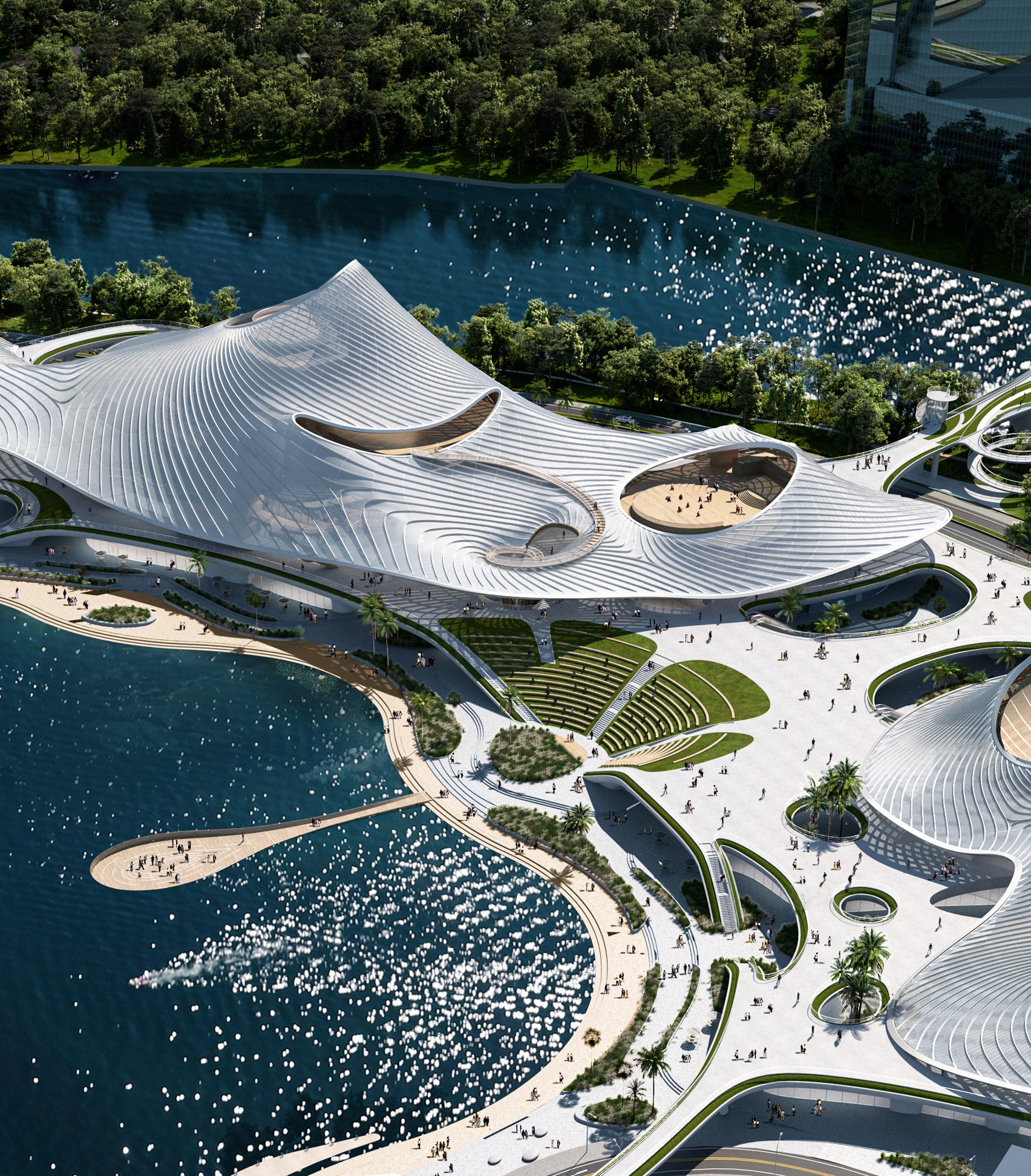 Aerial render of Nanhai Art Center by MAD