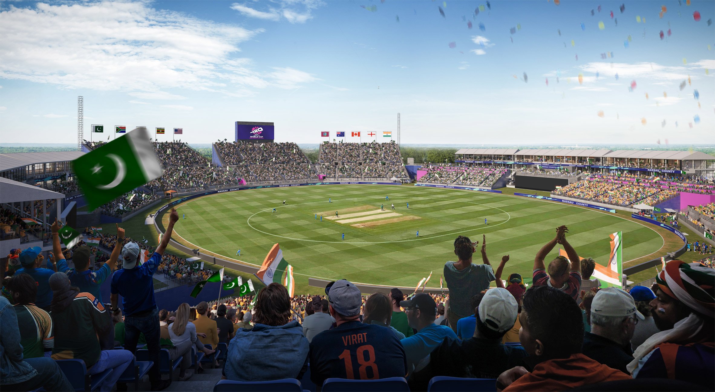 Spectators at the Nassau County cricket stadium