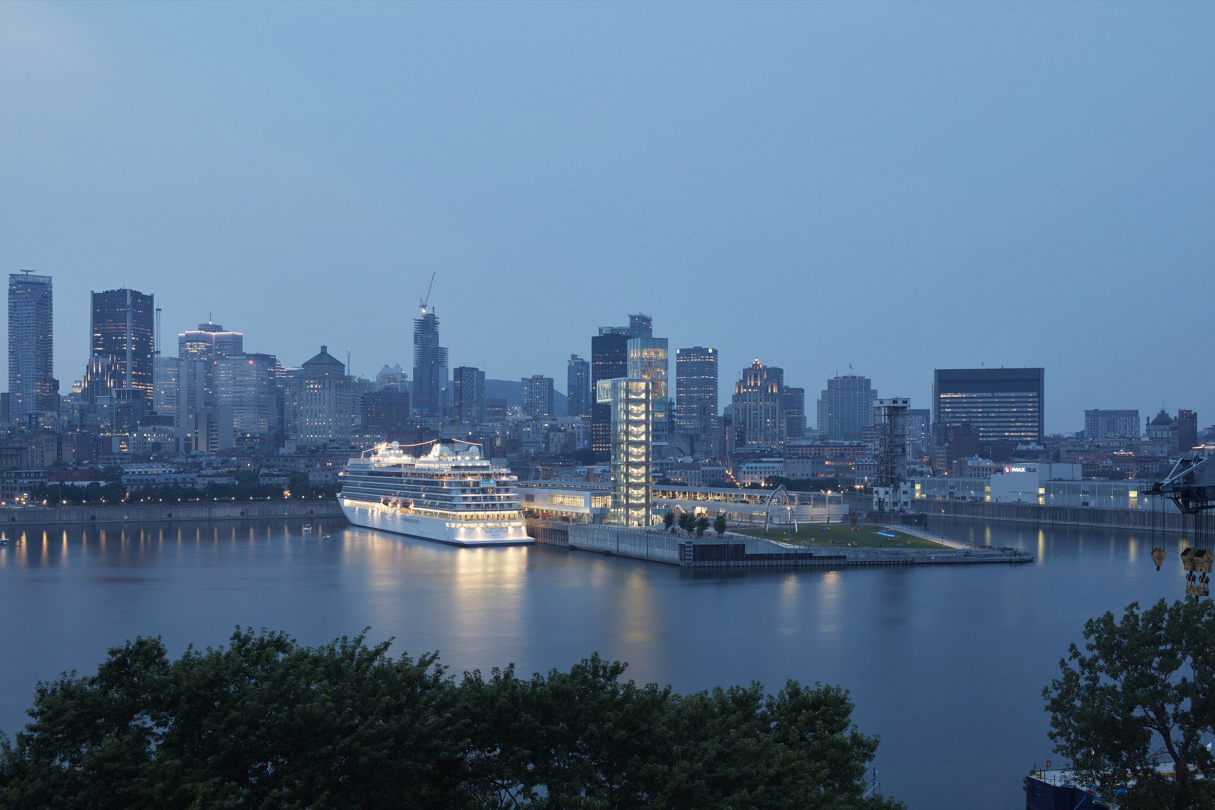 Illuminated Montreal port tower