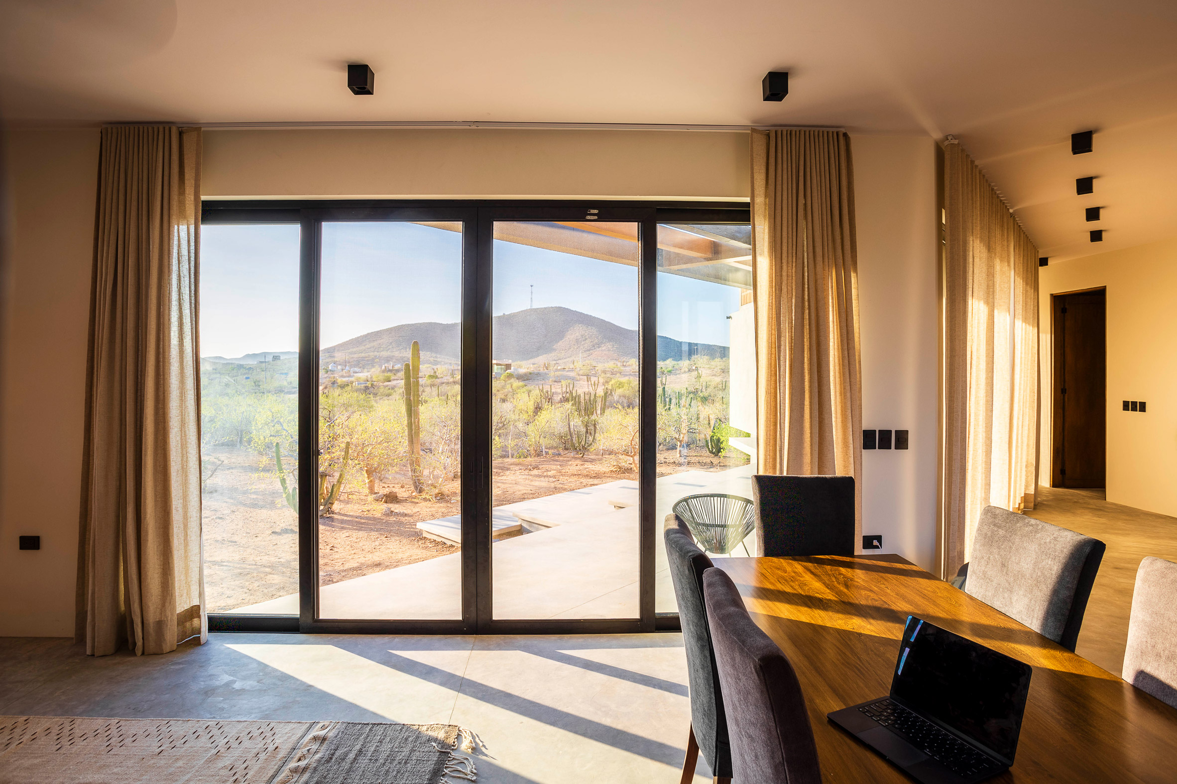 Large windows with curtains