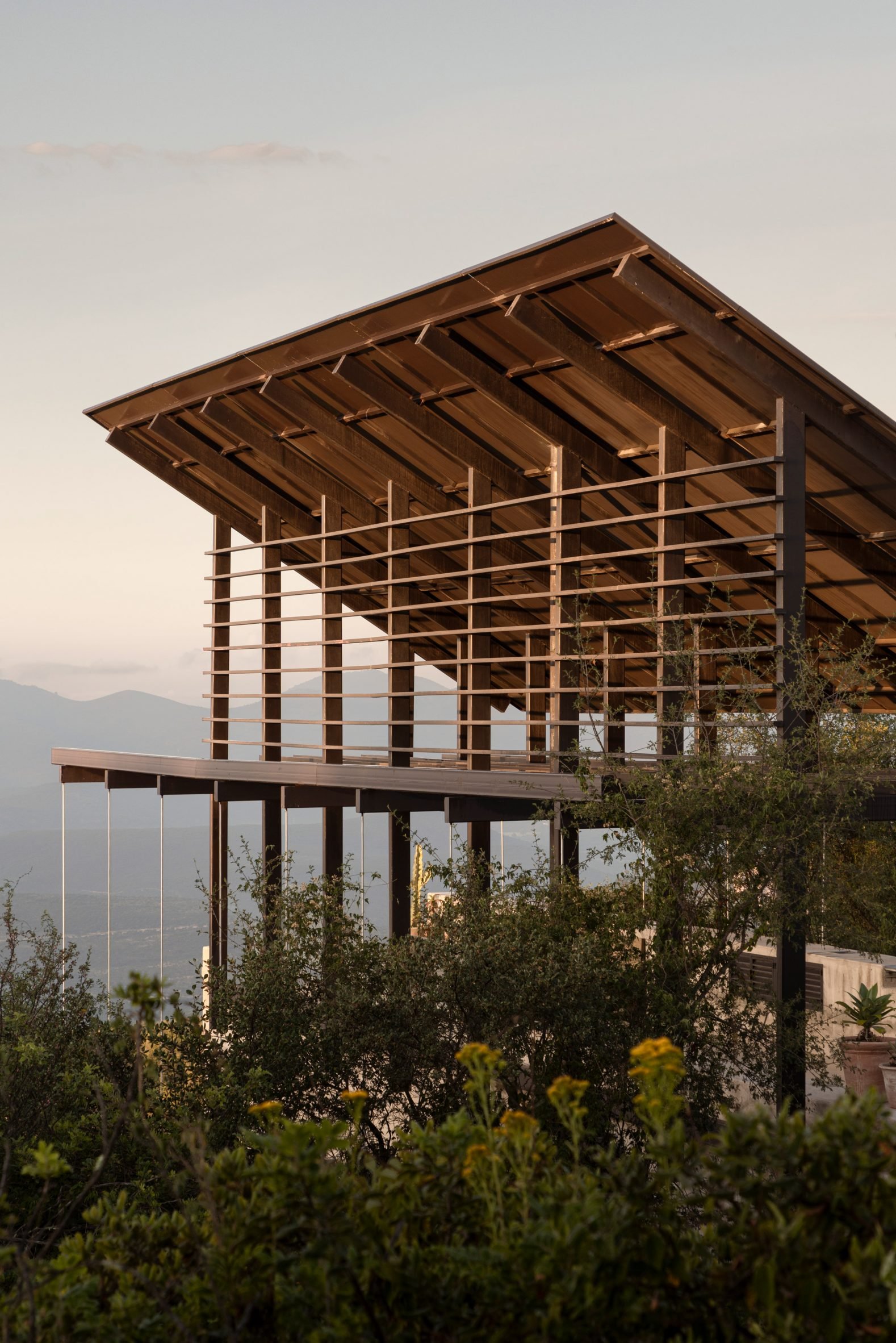 Black steel frame and roof structure