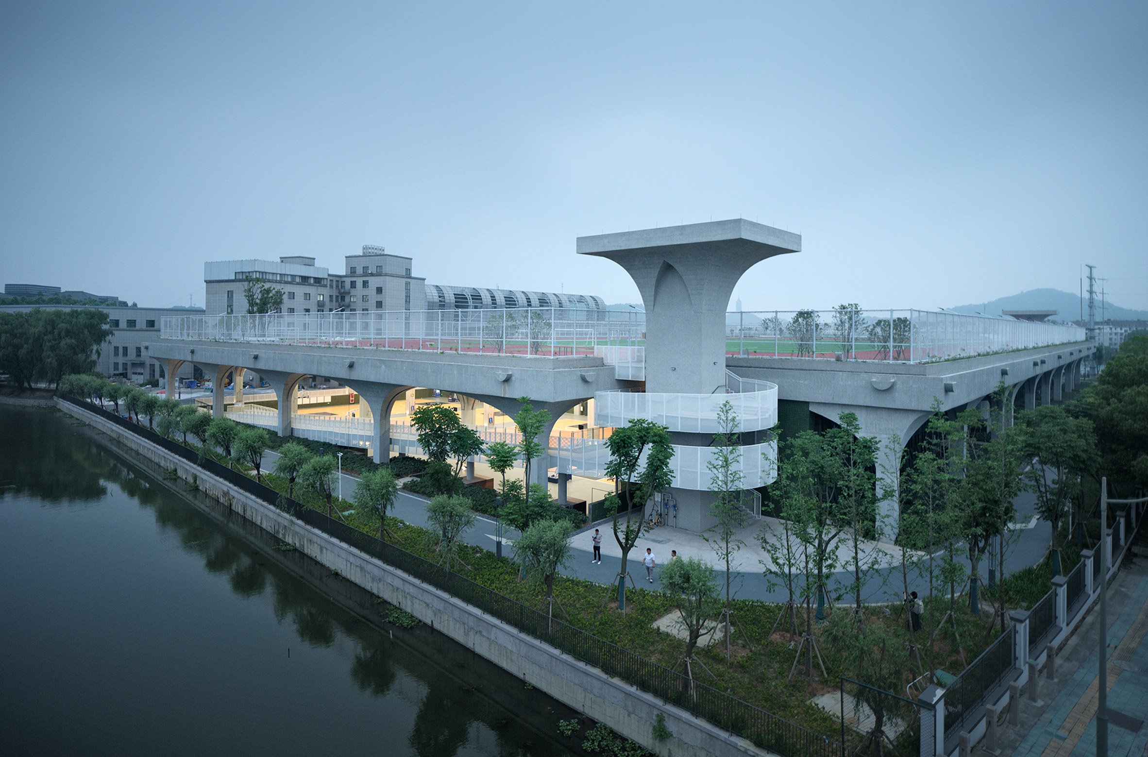 Exterior view of Hexi Sports Field by The Architectural Design and Research Institute of Zhejiang University (UAD)