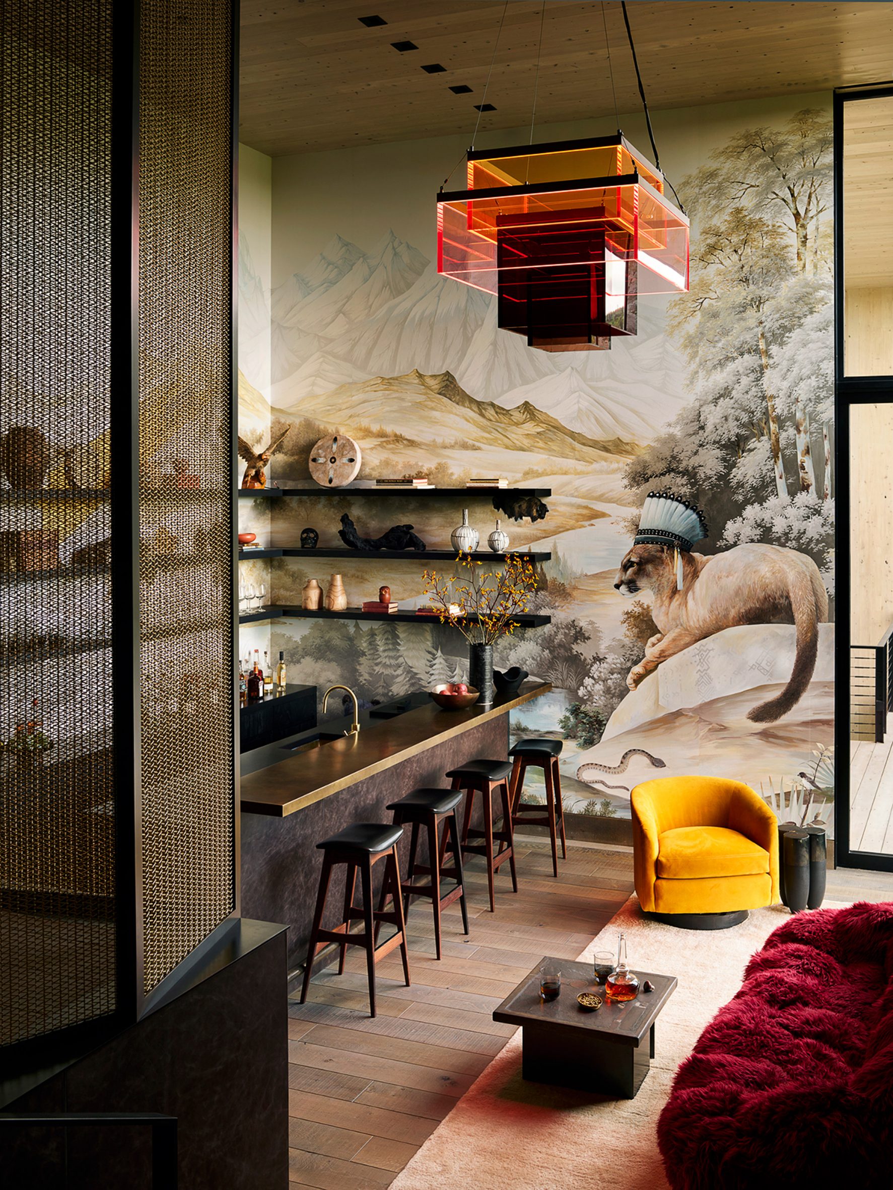 A bar with loud wallpaper