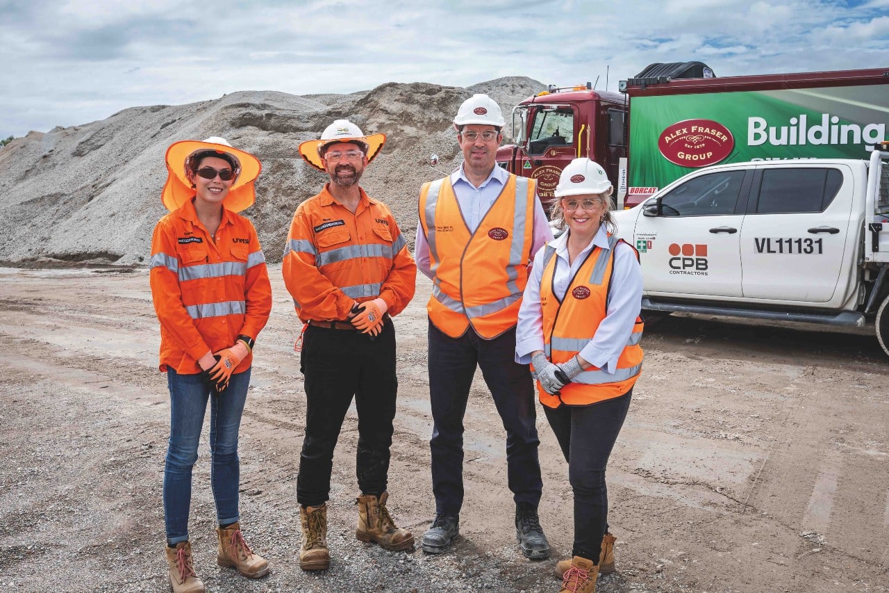 UNITY Environmental Graduate Grace Scales, UNITY Sustainability Manager Glenn Hedges, Alex Fraser Recycling GM Murray Butterworth and Sales and Logistics Manager Nicole Bates. Image: Alex Fraser. 