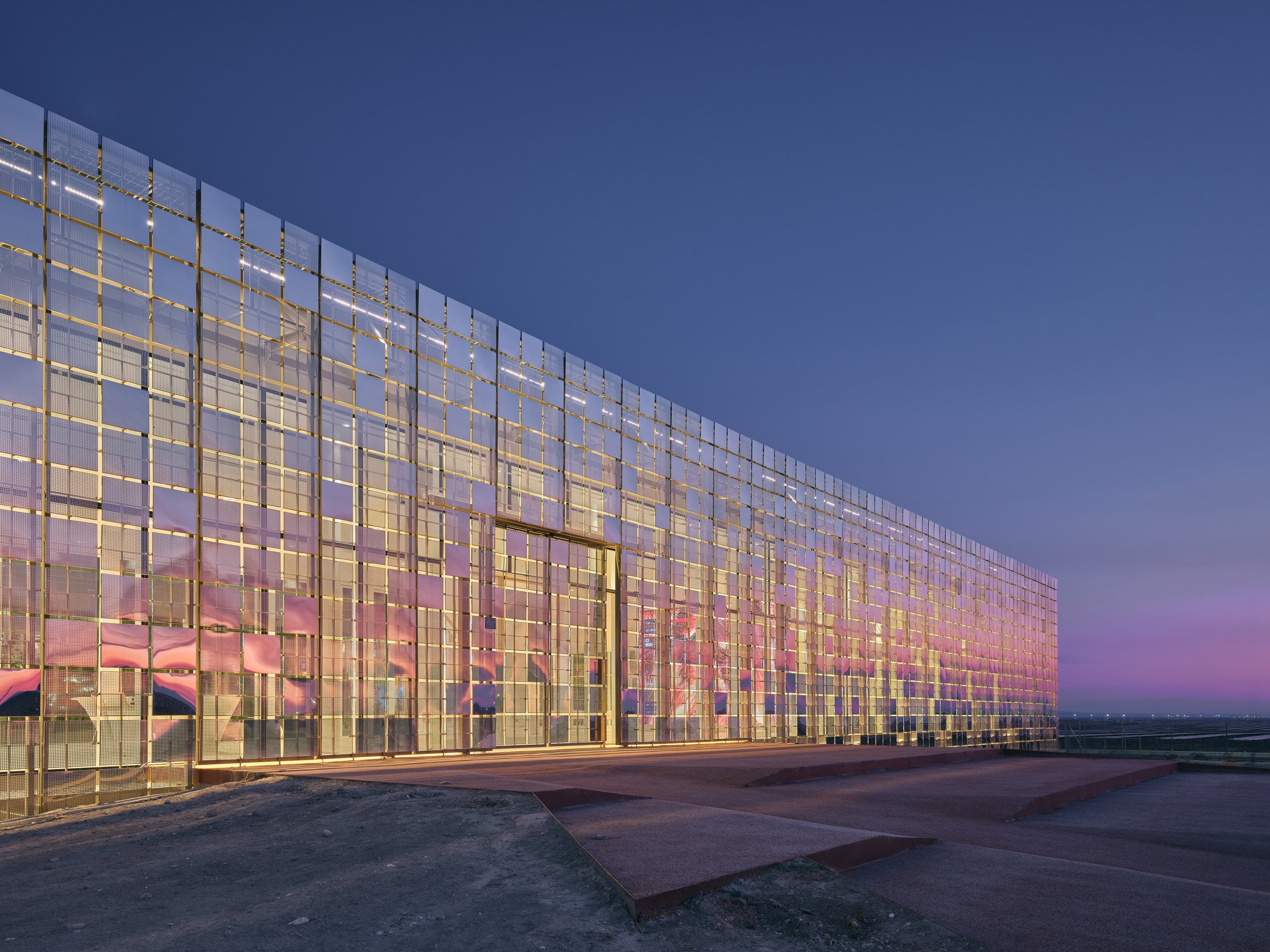 Close up of the facade of Central Control Building by Bilgin Architects at sunset