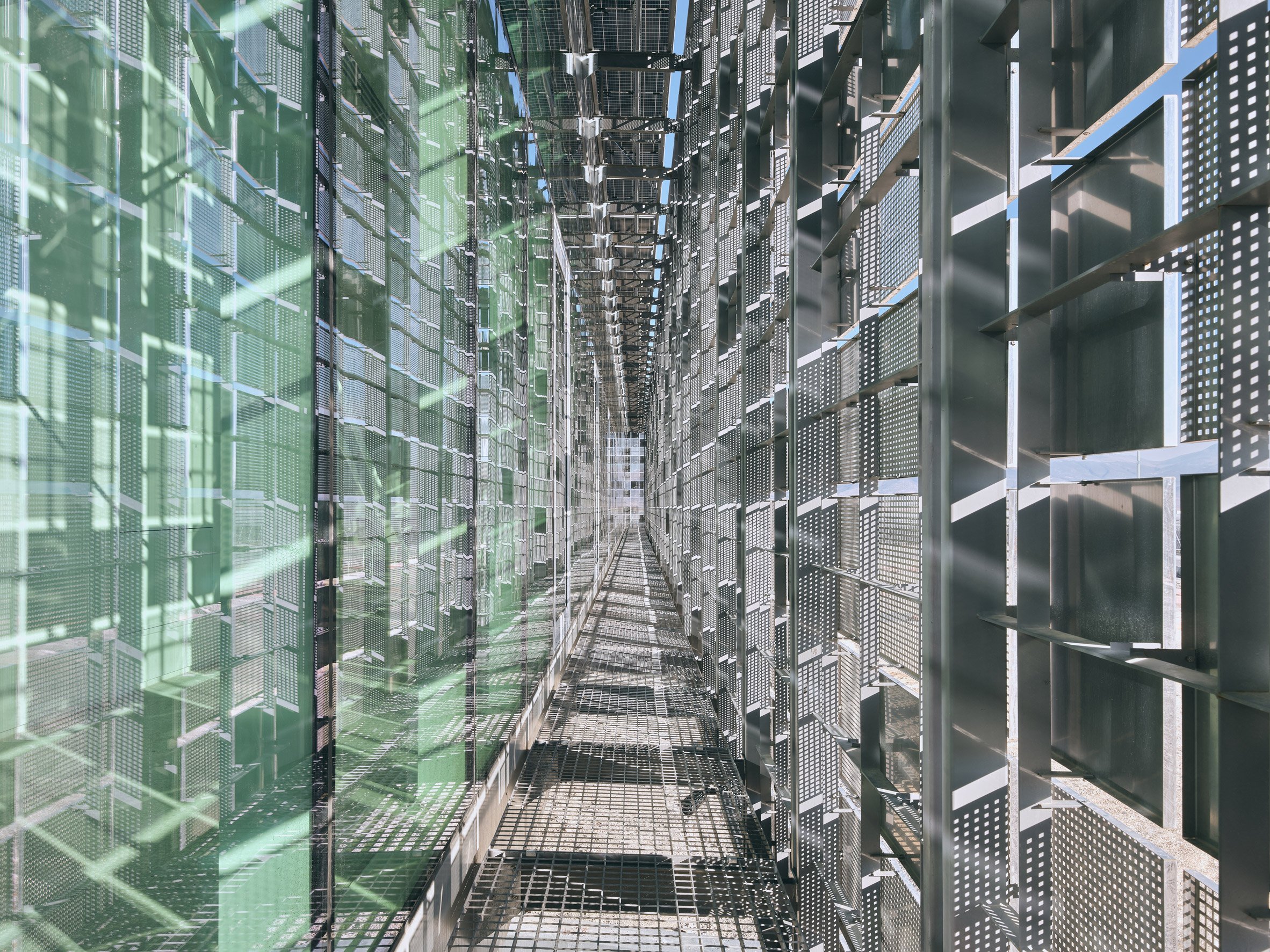 Close up of perforated stainless steel panels of Central Control Building by Bilgin Architects
