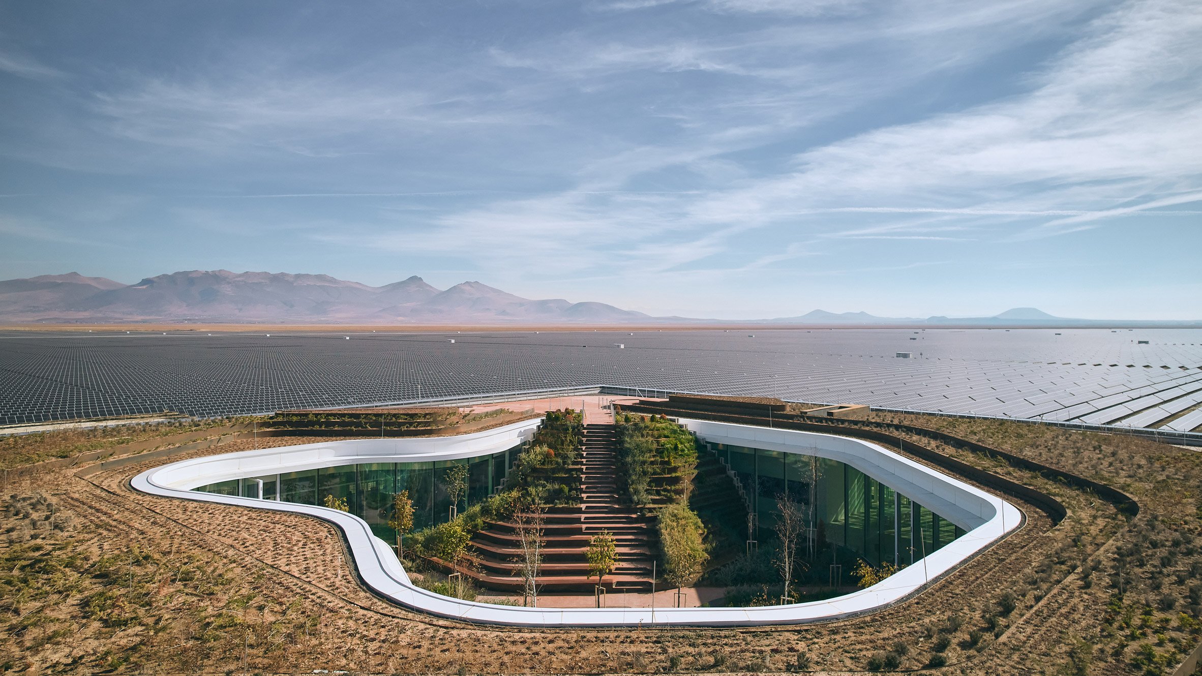 Close up of green roof and courtyard staircase of Central Control Building by Bilgin Architects