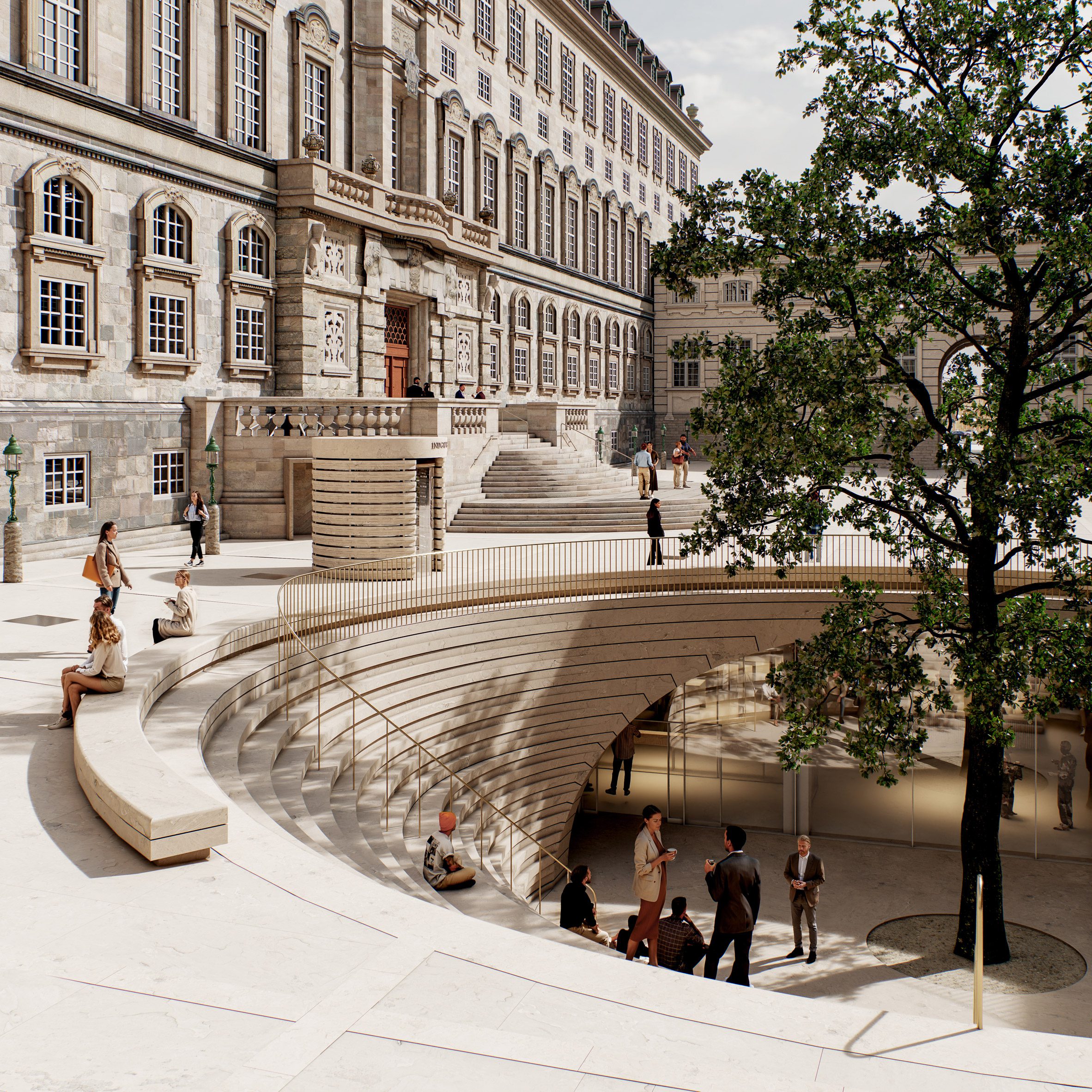 Amphitheatre-like seating around a tree