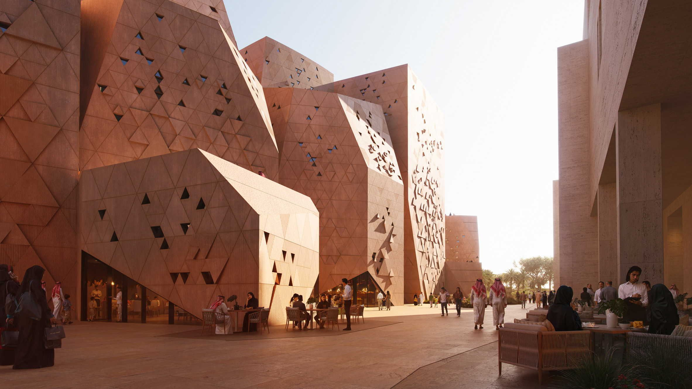 Outdoor seating at The Arena in Diriyah by HKS and Diriyah Company