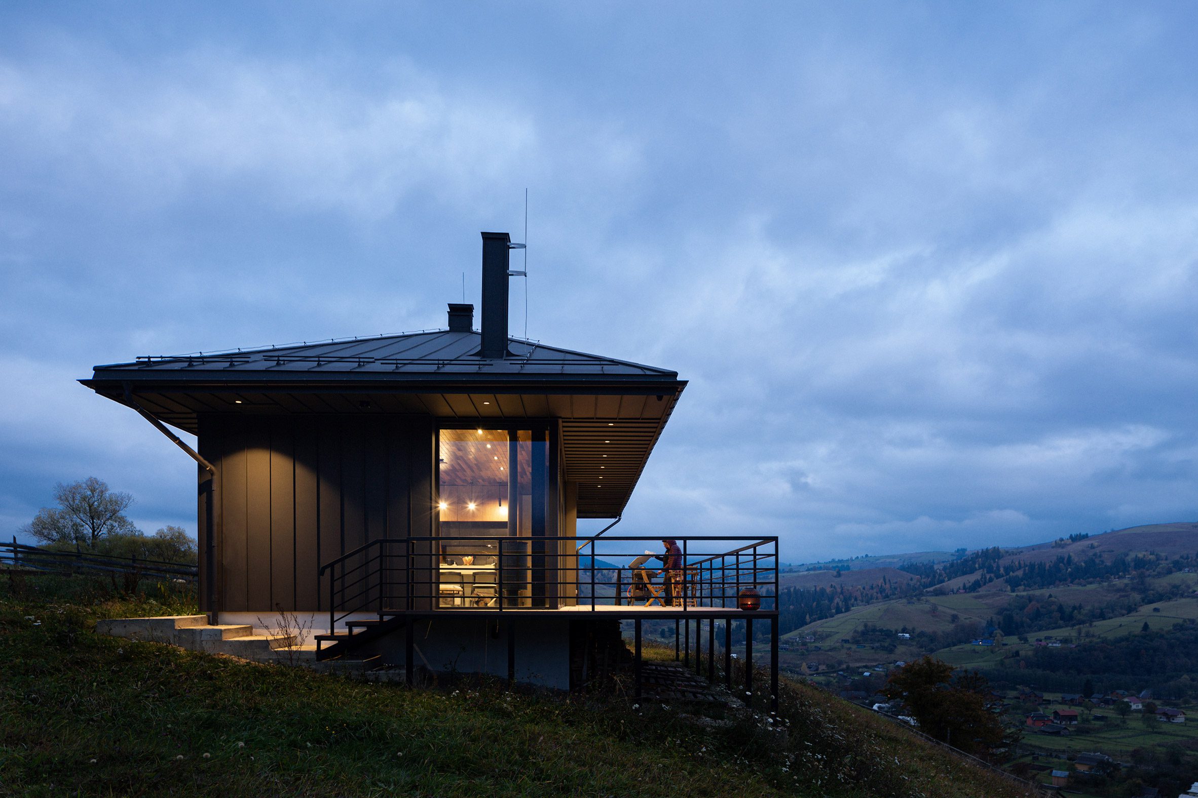 Dusk exterior view of Krasnyk House by Sanina Arch Club in Ukraine