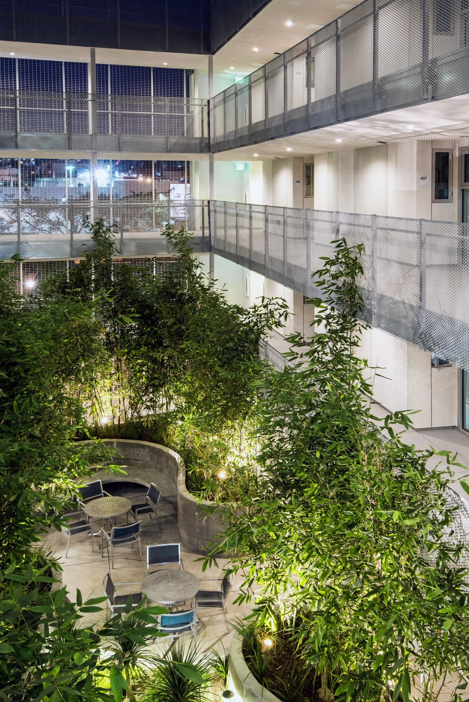 A courtyard at night